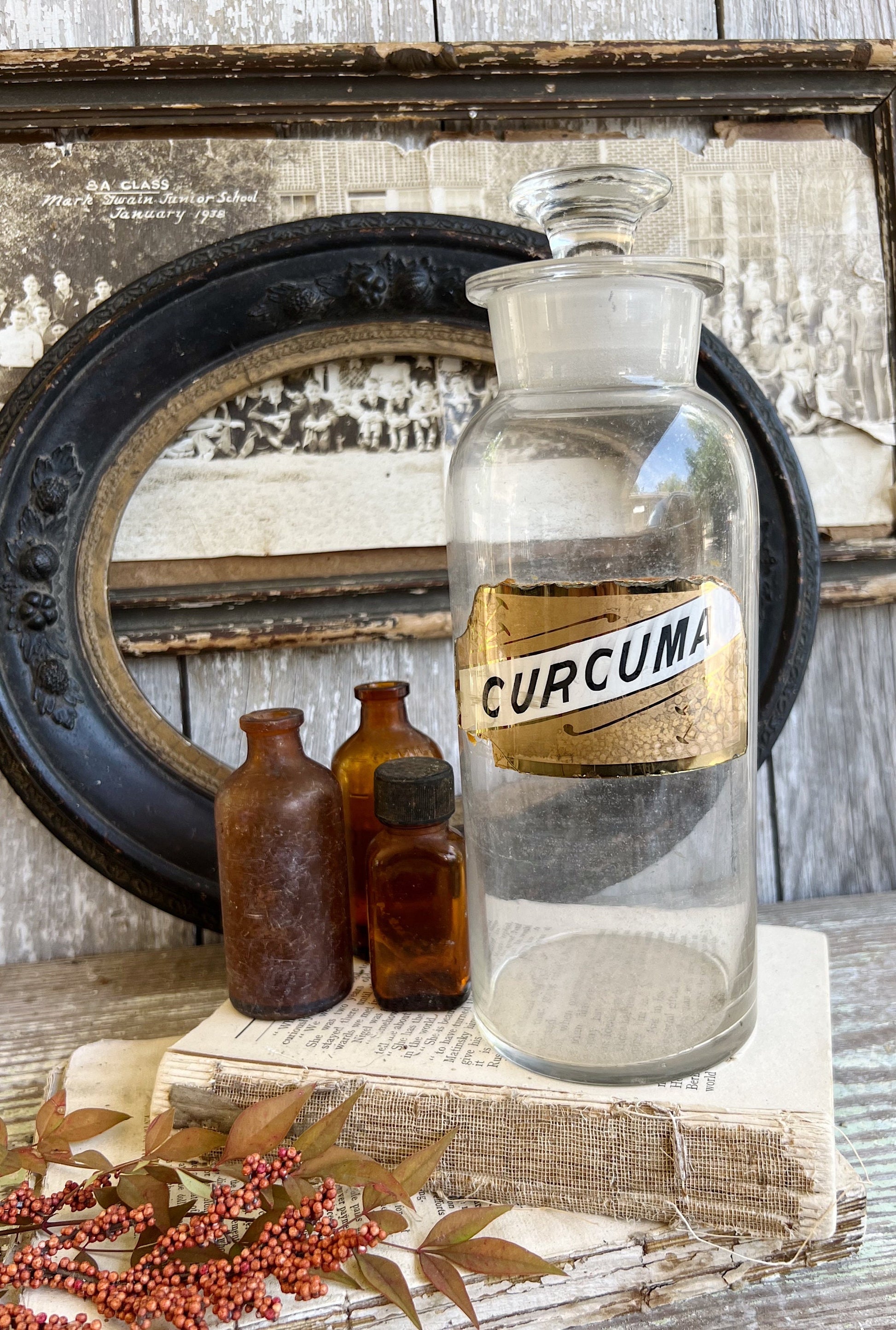 Antique Glass Apothecary Bottle with Painted Label Under Glass Pharmacy Farmhouse Industrial Decor Industrial MEDICAL Salvage CURCUMA