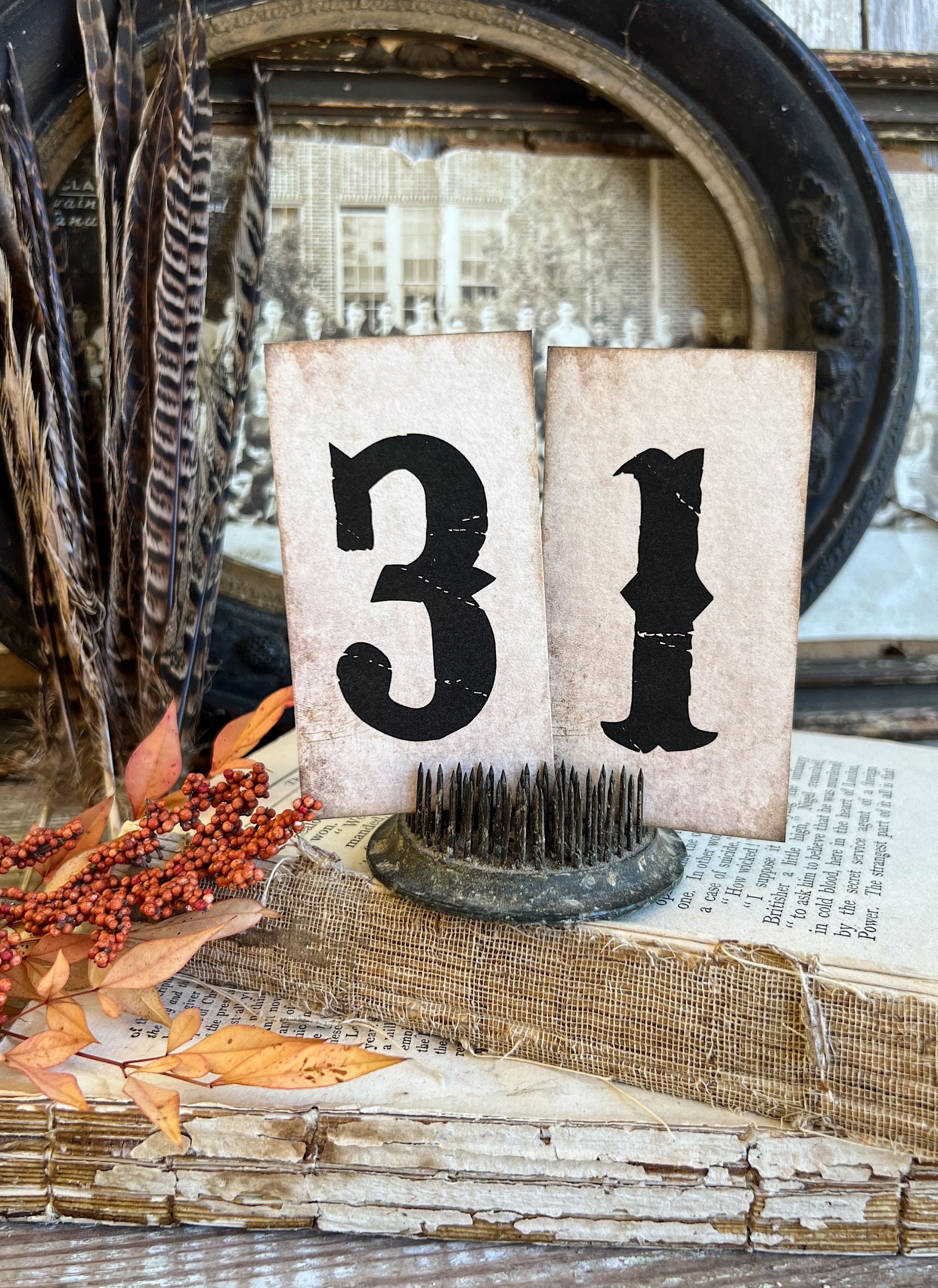 HALLOWEEN Number 31 BLACK Card Sign Set Farmhouse Decor Cardstock Vintage Style Church Gothic