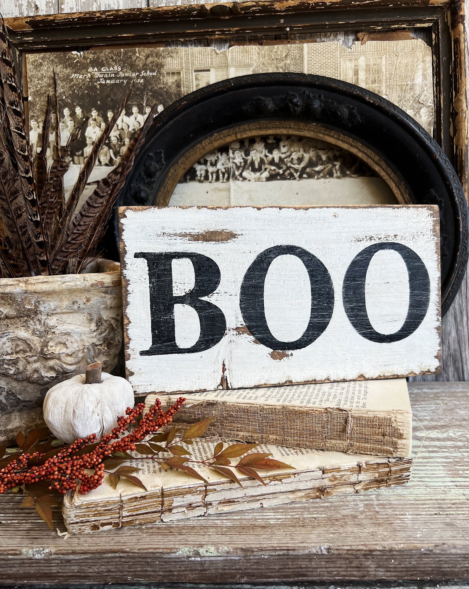 Halloween BOO Sign Vintage Salvage Barn Wood Reclaimed White Chippy Paint Farmhouse Decor Architectural Sign