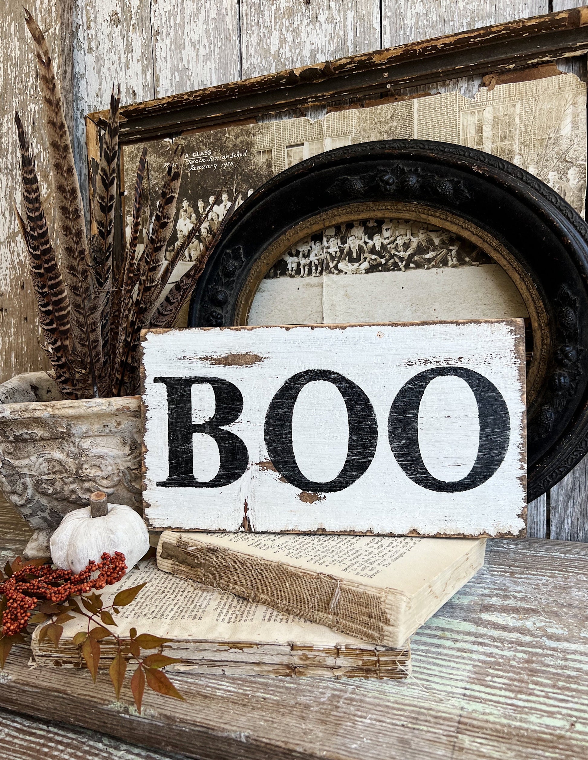 Halloween BOO Sign Vintage Salvage Barn Wood Reclaimed White Chippy Paint Farmhouse Decor Architectural Sign
