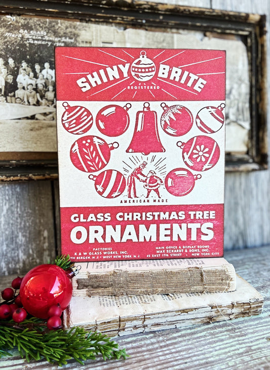 SHINY BRITE ORNAMENTS Wood Sign Red Farmhouse Christmas Decor Vintage Ornament Advertising Sign Wall Art Print