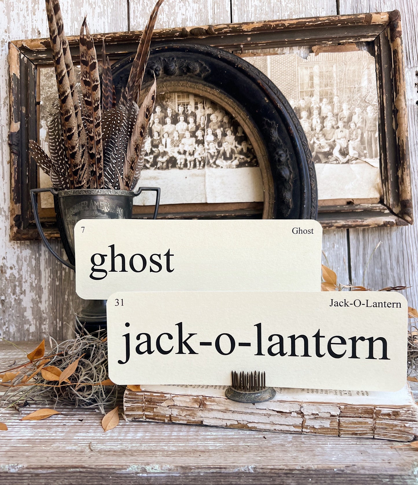 Halloween SCARY THINGS Flash Cards LARGE Vintage Inspired Word Flashcard Set of 8 Farmhouse Decor Bat Ghost Witch Skeleton Jack-o-Lantern