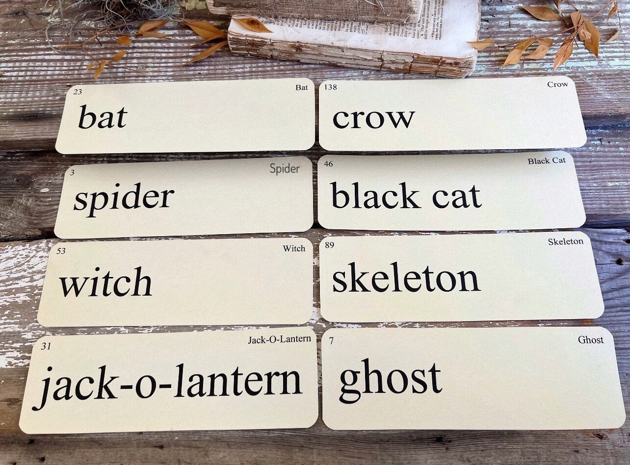 Halloween SCARY THINGS Flash Cards LARGE Vintage Inspired Word Flashcard Set of 8 Farmhouse Decor Bat Ghost Witch Skeleton Jack-o-Lantern