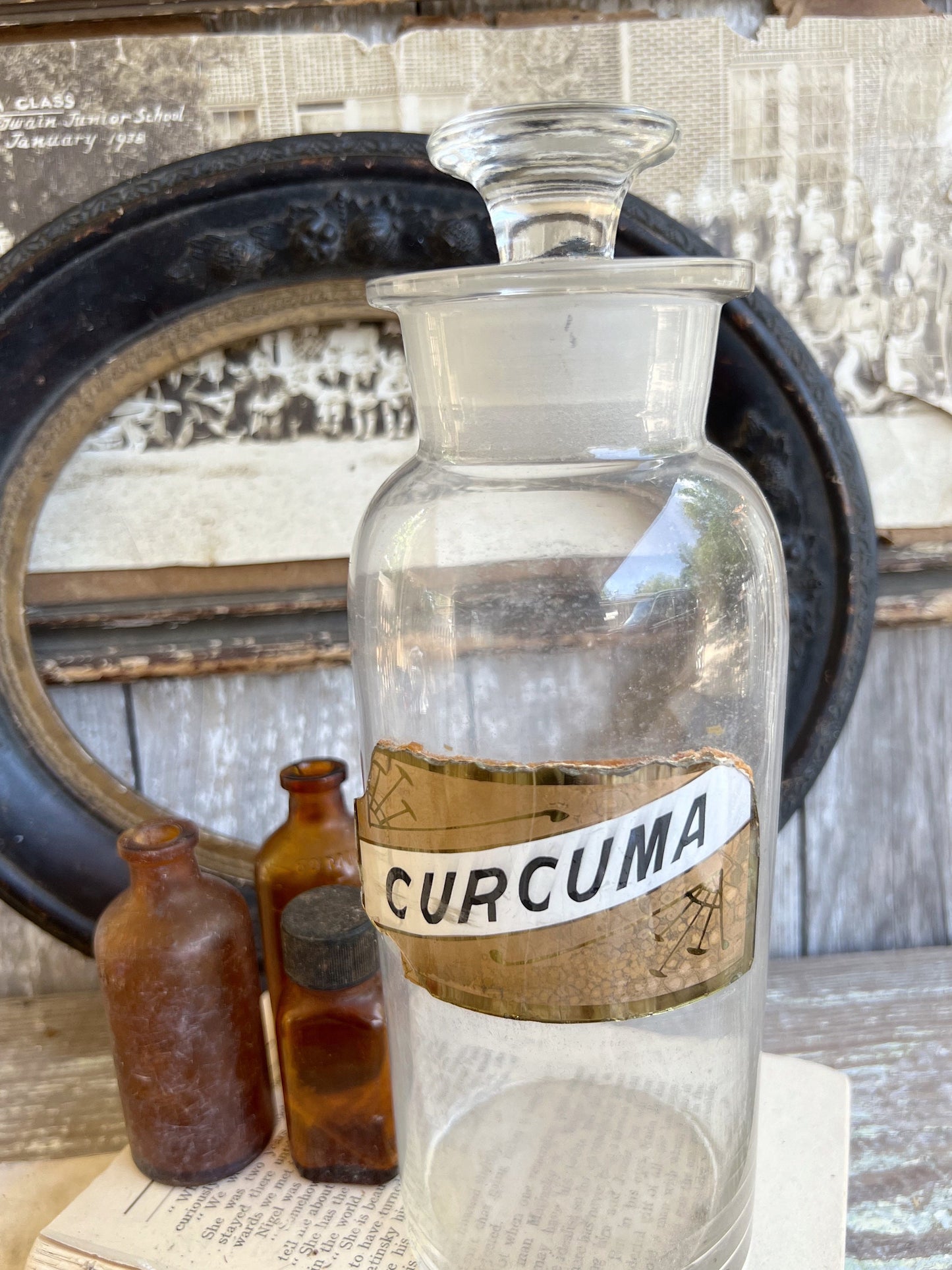 Antique Glass Apothecary Bottle with Painted Label Under Glass Pharmacy Farmhouse Industrial Decor Industrial MEDICAL Salvage CURCUMA