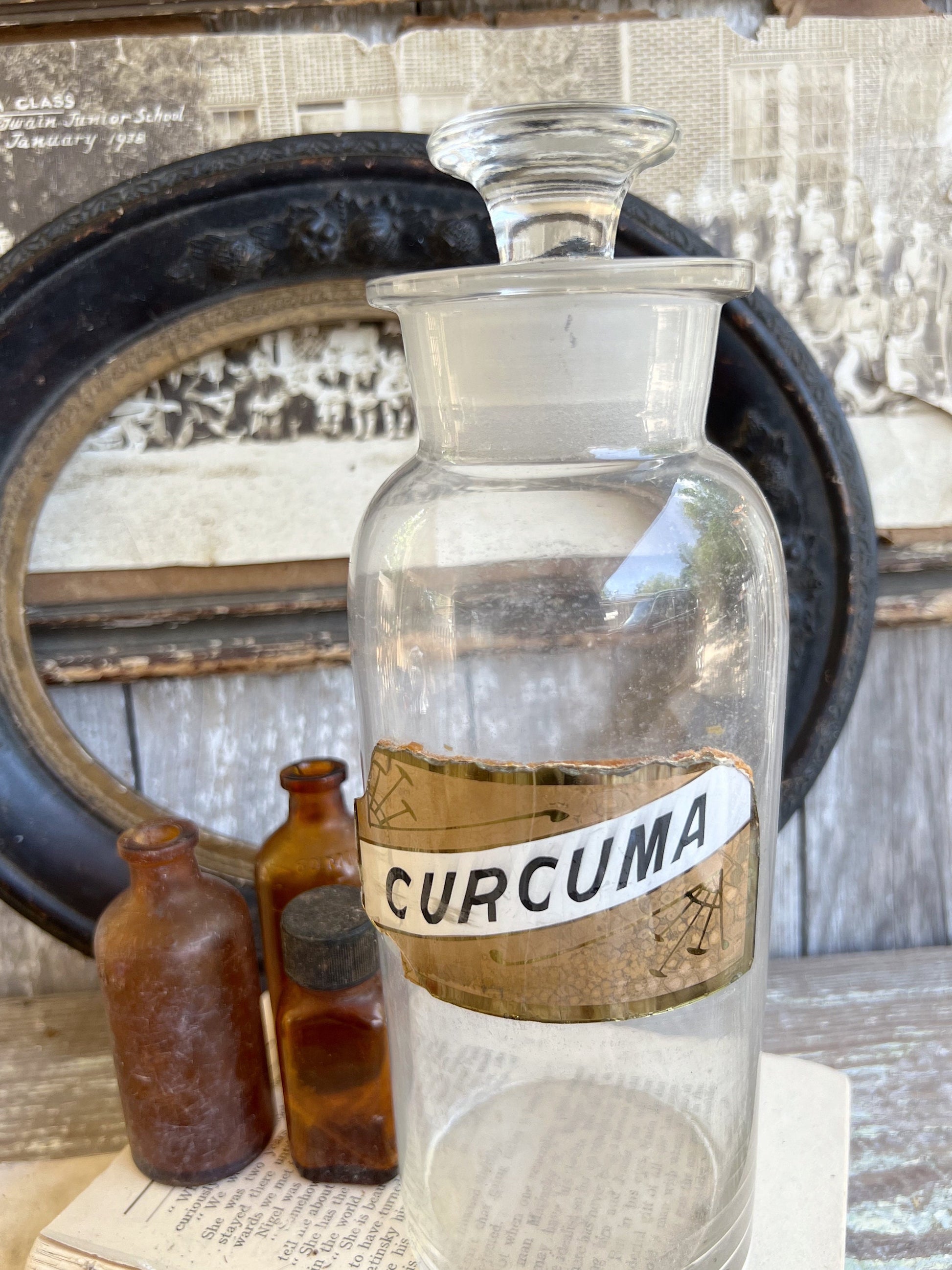 Antique Glass Apothecary Bottle with Painted Label Under Glass Pharmacy Farmhouse Industrial Decor Industrial MEDICAL Salvage CURCUMA