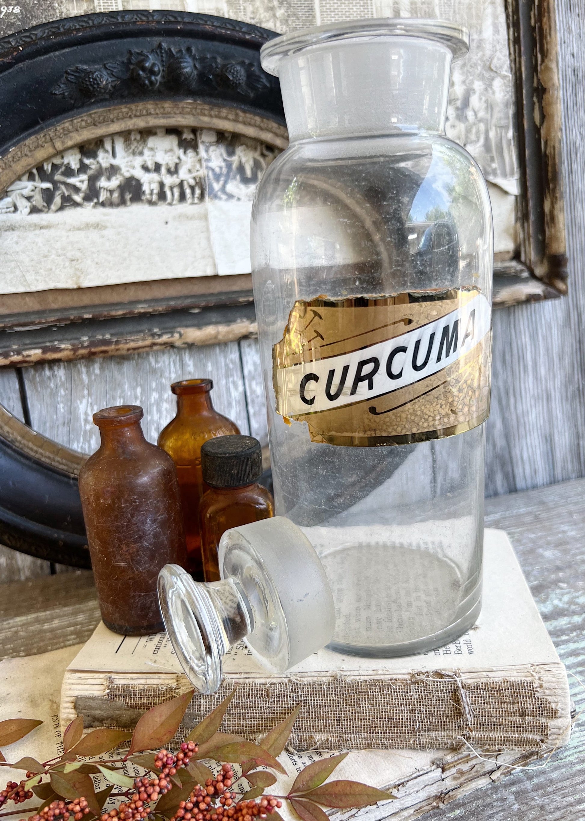 Antique Glass Apothecary Bottle with Painted Label Under Glass Pharmacy Farmhouse Industrial Decor Industrial MEDICAL Salvage CURCUMA