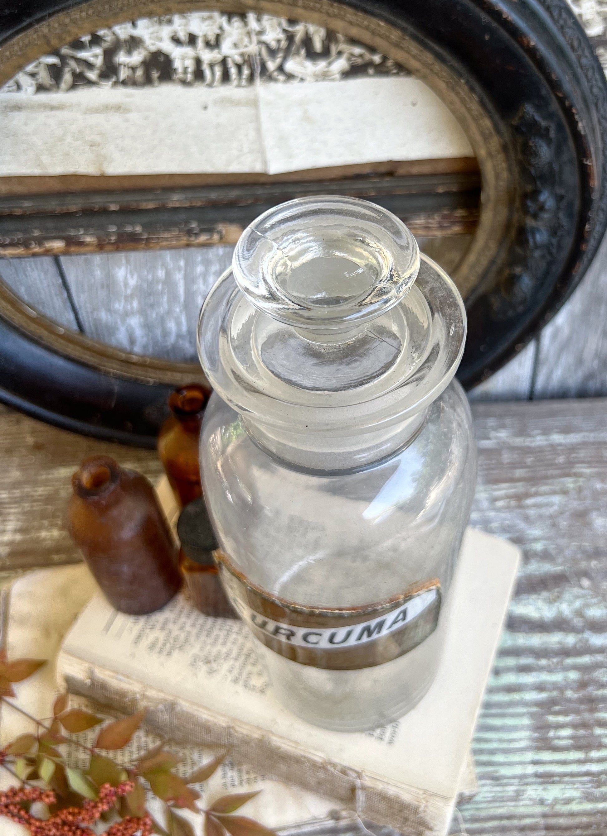 Antique Glass Apothecary Bottle with Painted Label Under Glass Pharmacy Farmhouse Industrial Decor Industrial MEDICAL Salvage CURCUMA