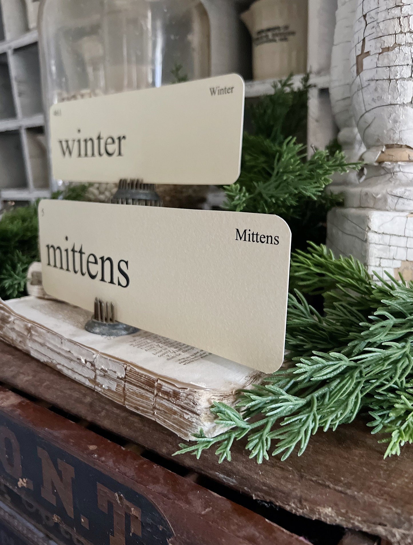 WINTER Flash Cards LARGE Vintage Inspired Word Flashcard SET Of 8 Farmhouse Decor Mittens Cold Icicle Fireplace Hot Chocolate Primitive