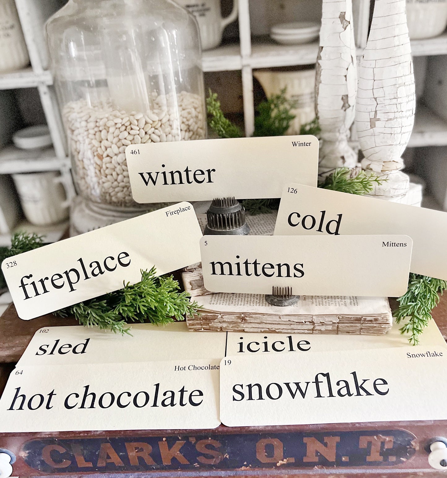 WINTER Flash Cards LARGE Vintage Inspired Word Flashcard SET Of 8 Farmhouse Decor Mittens Cold Icicle Fireplace Hot Chocolate Primitive