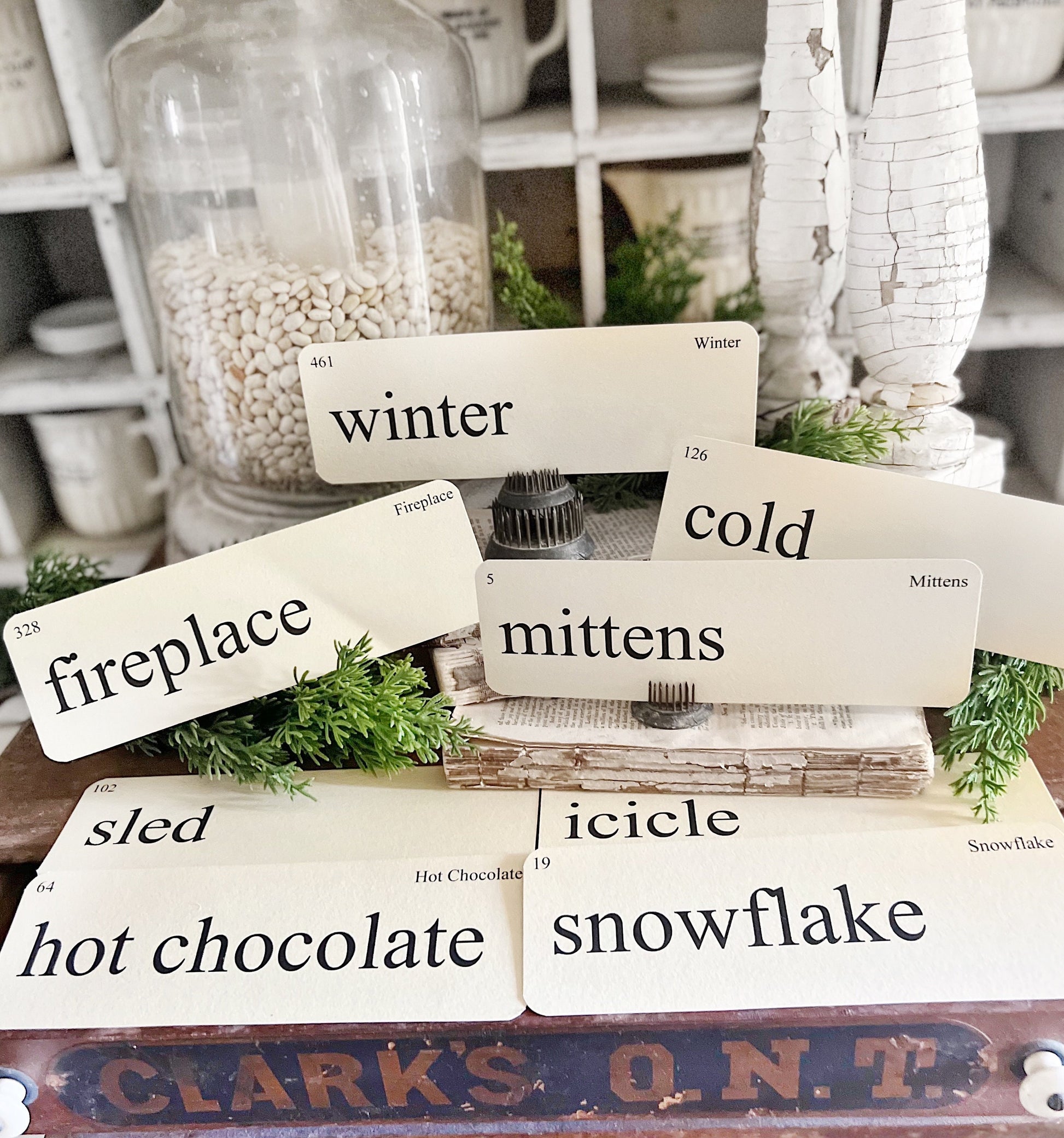 WINTER Flash Cards LARGE Vintage Inspired Word Flashcard SET Of 8 Farmhouse Decor Mittens Cold Icicle Fireplace Hot Chocolate Primitive