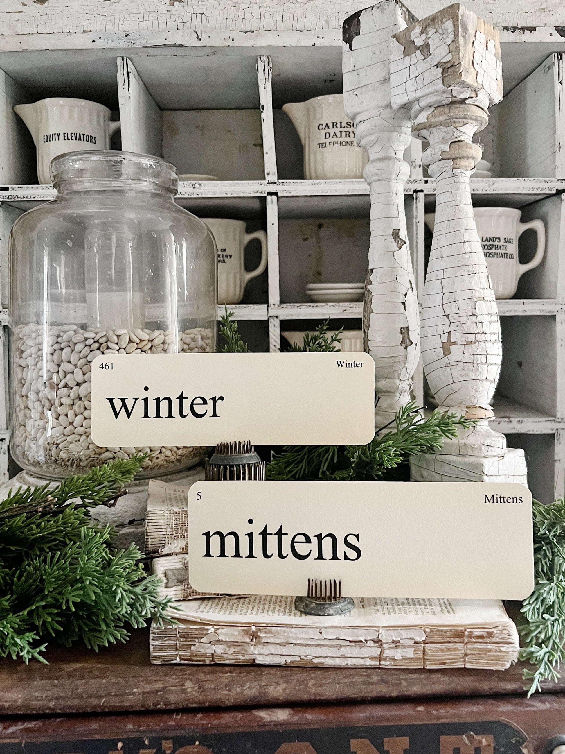 WINTER Flash Cards LARGE Vintage Inspired Word Flashcard SET Of 8 Farmhouse Decor Mittens Cold Icicle Fireplace Hot Chocolate Primitive