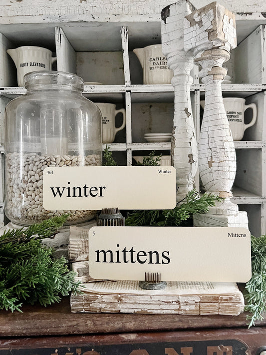 WINTER Flash Cards LARGE Vintage Inspired Word Flashcard SET Of 8 Farmhouse Decor Mittens Cold Icicle Fireplace Hot Chocolate Primitive