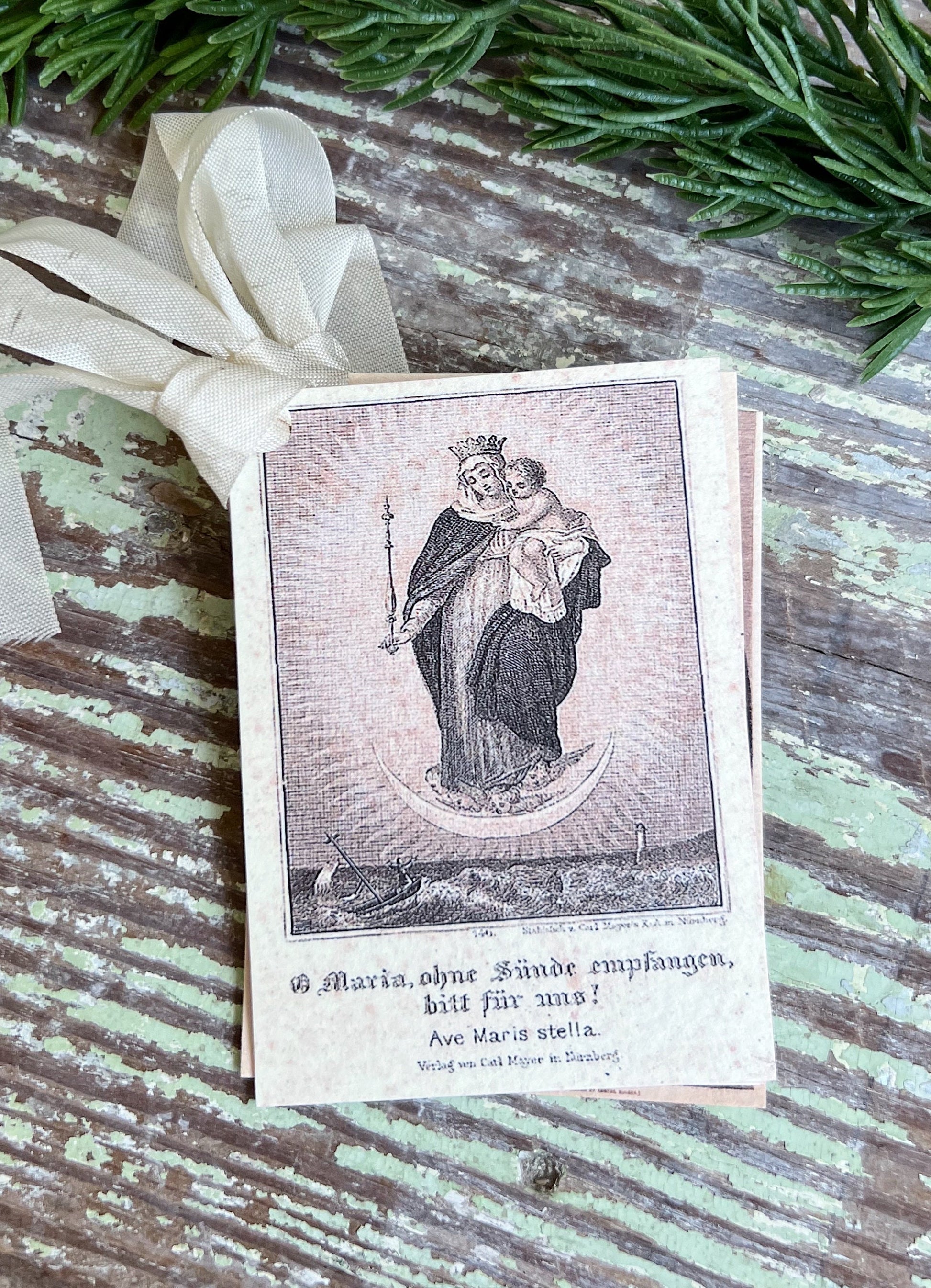 Gift Tags Mary Mother Crown Infant Jesus Decor French Prayer Card Religious CHRISTMAS EASTER Christian Catholic