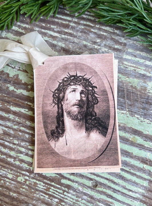 Gift Tags JESUS with Crown of Thorns Farmhouse Decor French Prayer Card Religious Christmas Christian Catholic