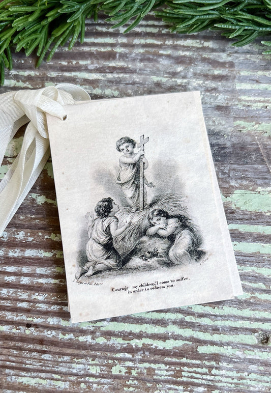 Gift Tags Infant BABY JESUS COURAGE with Angels Farmhouse Decor French Prayer Holy Card Religious Christmas Christian Catholic Easter