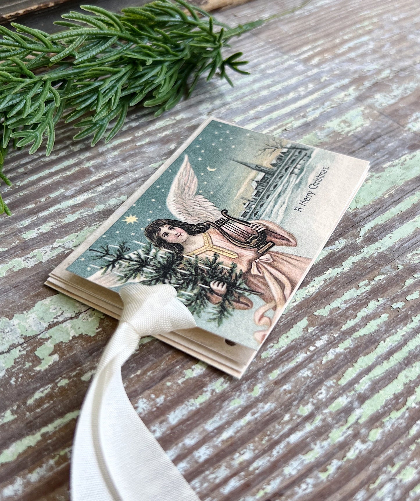 ANGEL with HARP A Merry Christmas Gift Tags Vintage Farmhouse Decor Card French Shabby Gift Wrap Christmas Tree Ornament