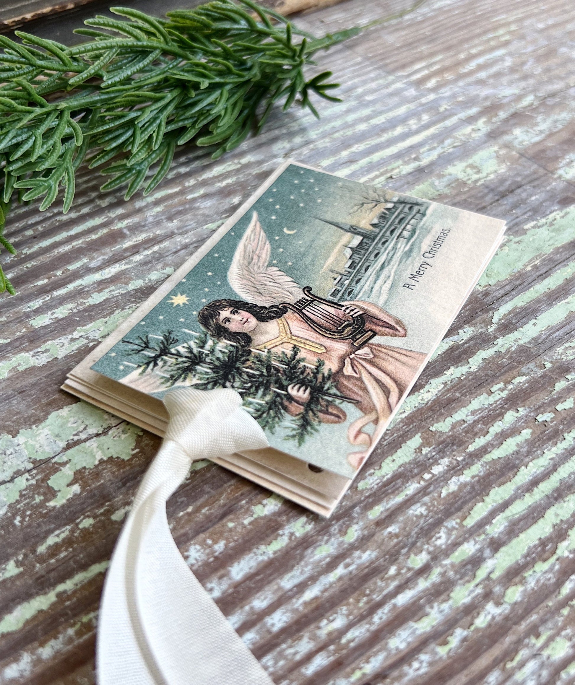ANGEL with HARP A Merry Christmas Gift Tags Vintage Farmhouse Decor Card French Shabby Gift Wrap Christmas Tree Ornament