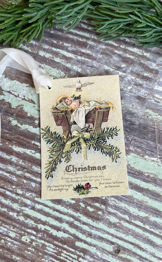 Baby Jesus in Cradle Christmas Gift Tags Vintage Farmhouse Decor Card French Shabby Gift Wrap Christmas Tree Ornament