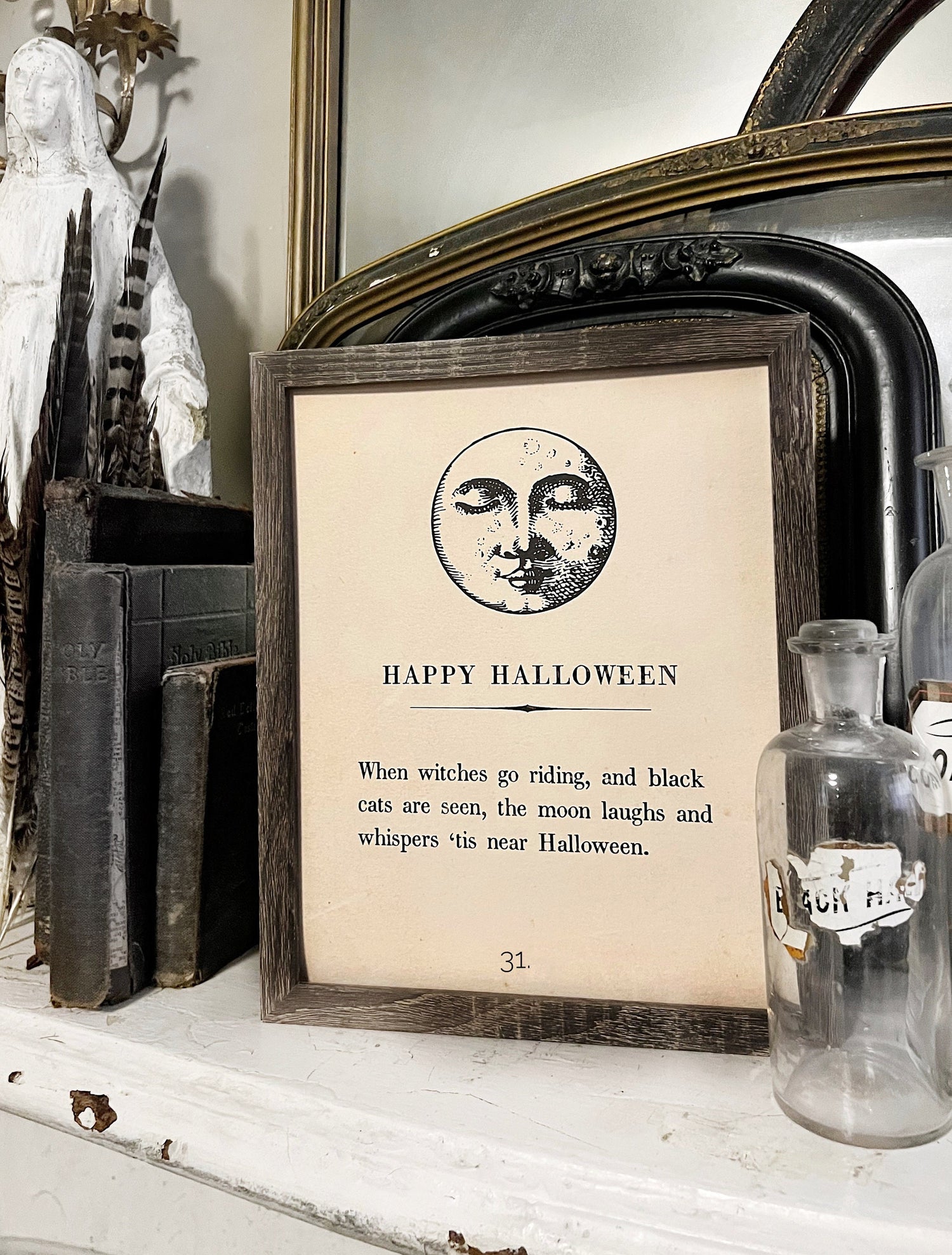 HAPPY HALLOWEEN Vintage Book Page Sign Wood Frame Moon Primitive Fall Decor October 31