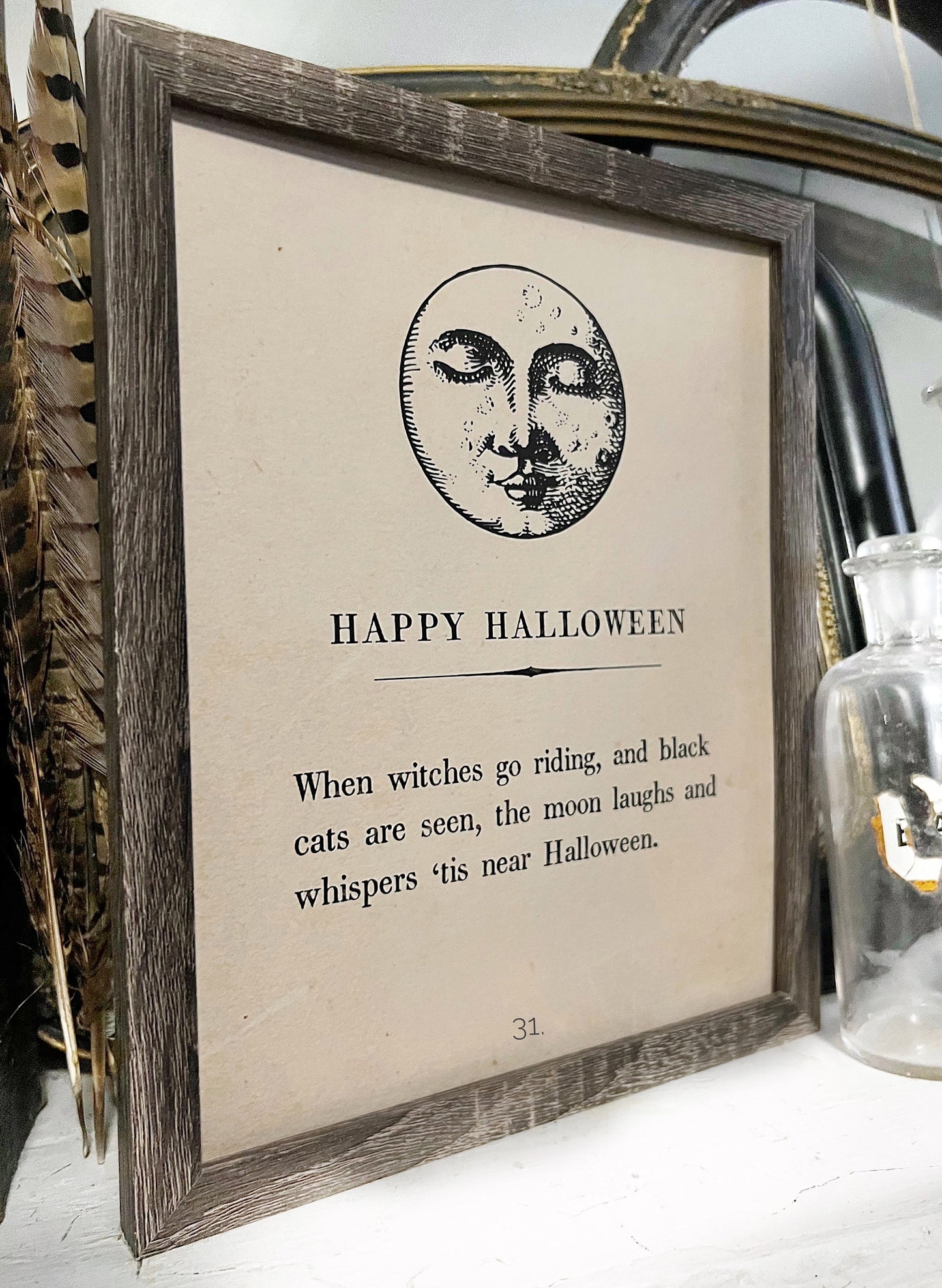 HAPPY HALLOWEEN Vintage Book Page Sign Wood Frame Moon Primitive Fall Decor October 31