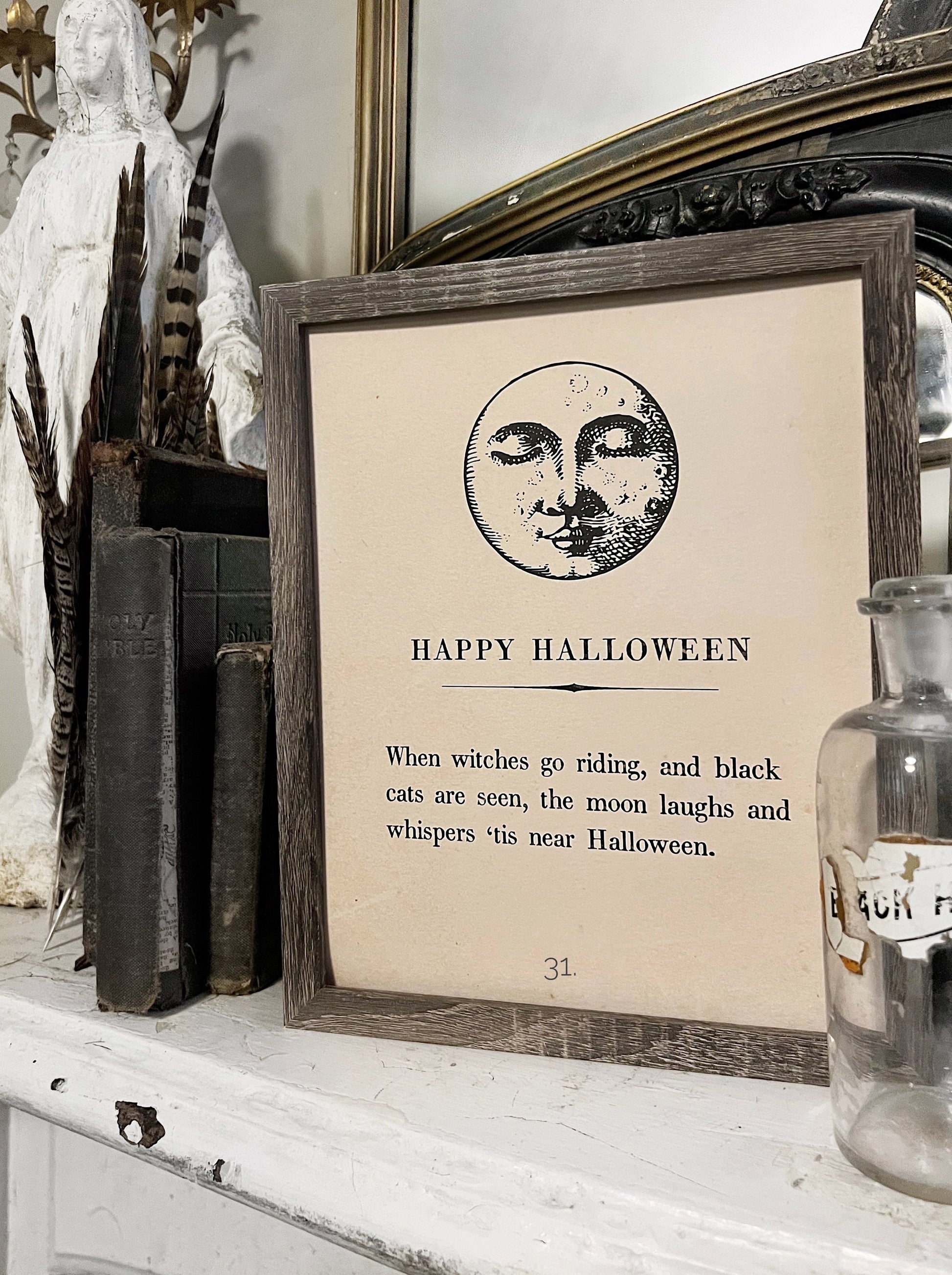 HAPPY HALLOWEEN Vintage Book Page Sign Wood Frame Moon Primitive Fall Decor October 31