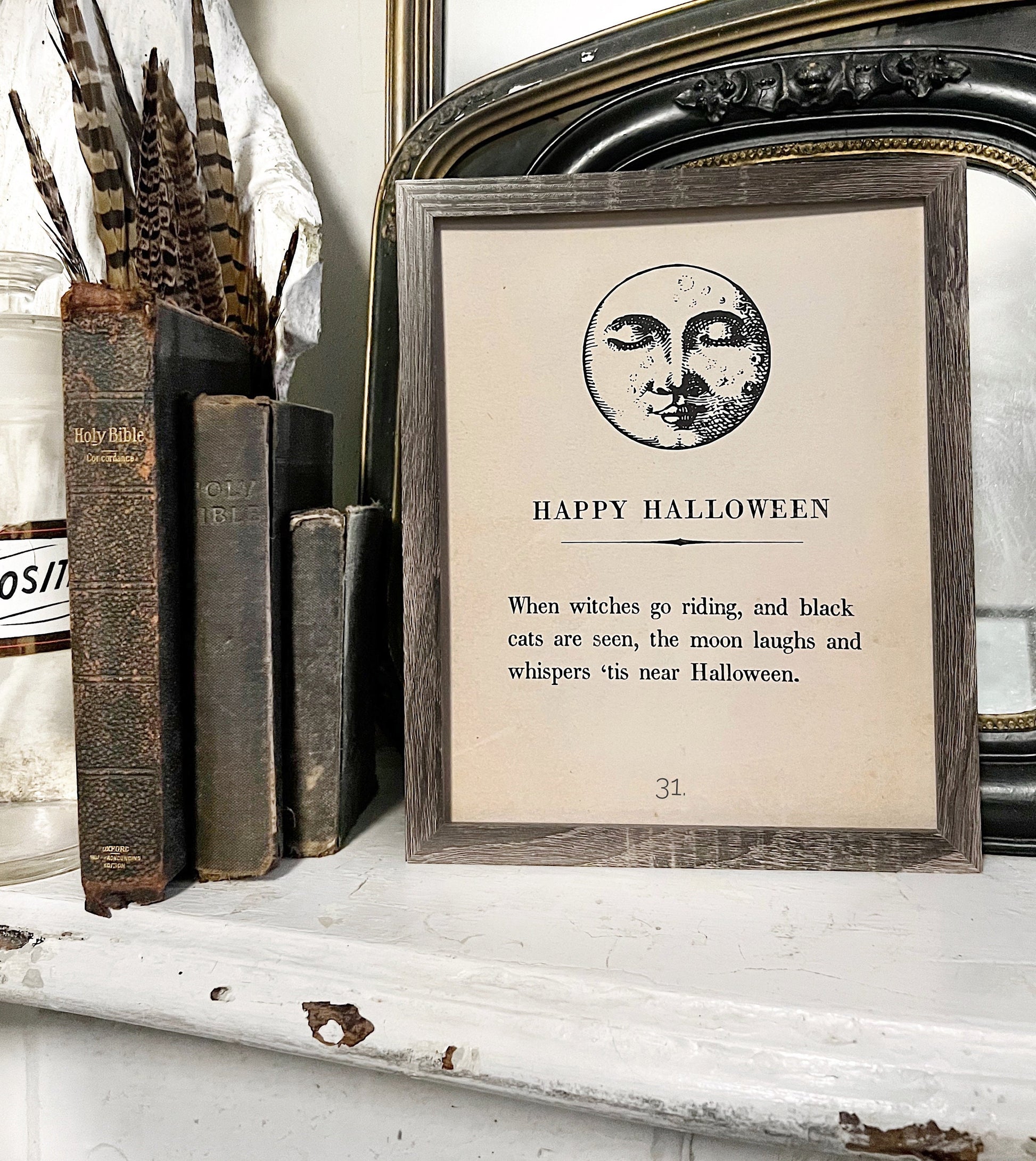HAPPY HALLOWEEN Vintage Book Page Sign Wood Frame Moon Primitive Fall Decor October 31