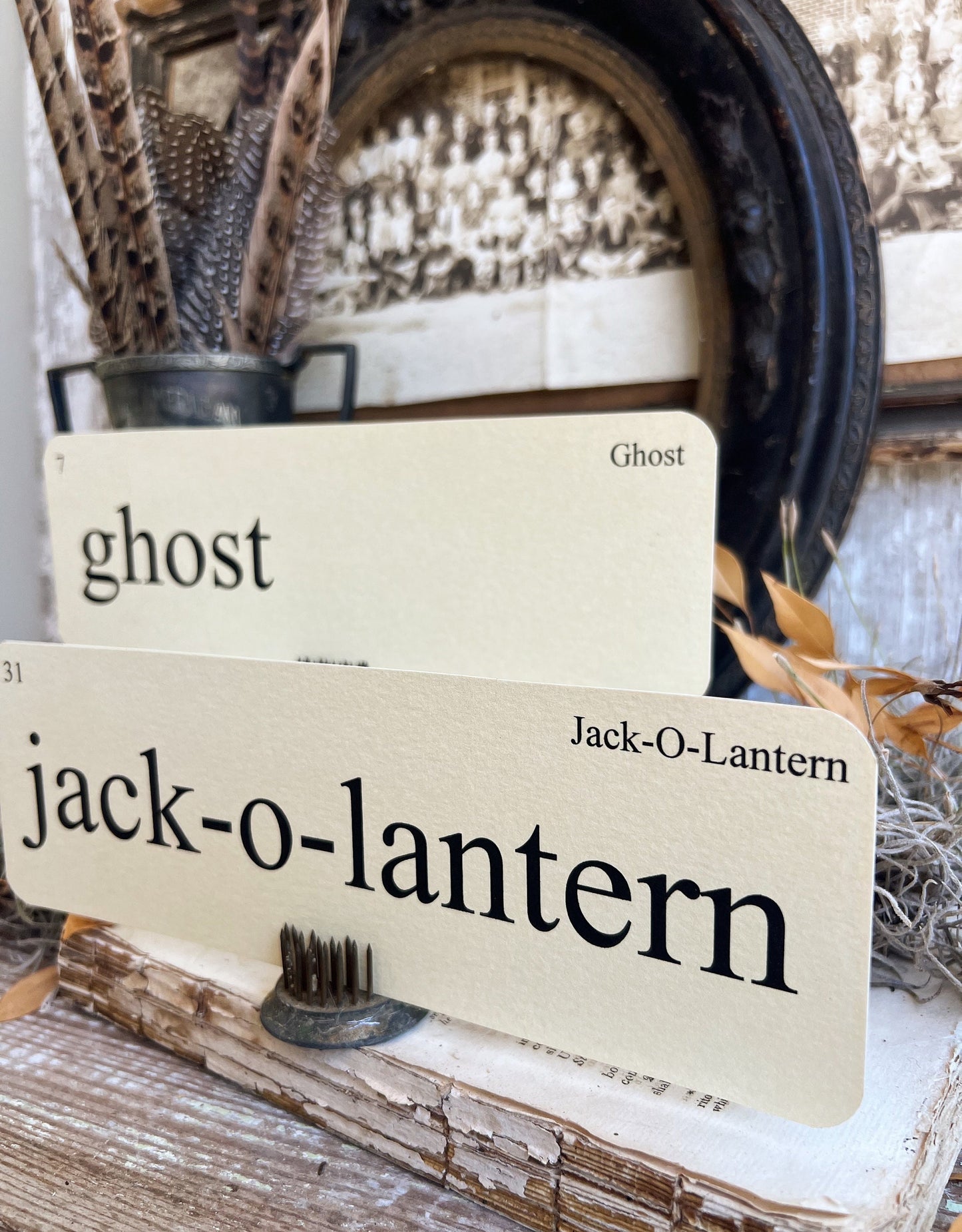 Halloween SCARY THINGS Flash Cards LARGE Vintage Inspired Word Flashcard Set of 8 Farmhouse Decor Bat Ghost Witch Skeleton Jack-o-Lantern