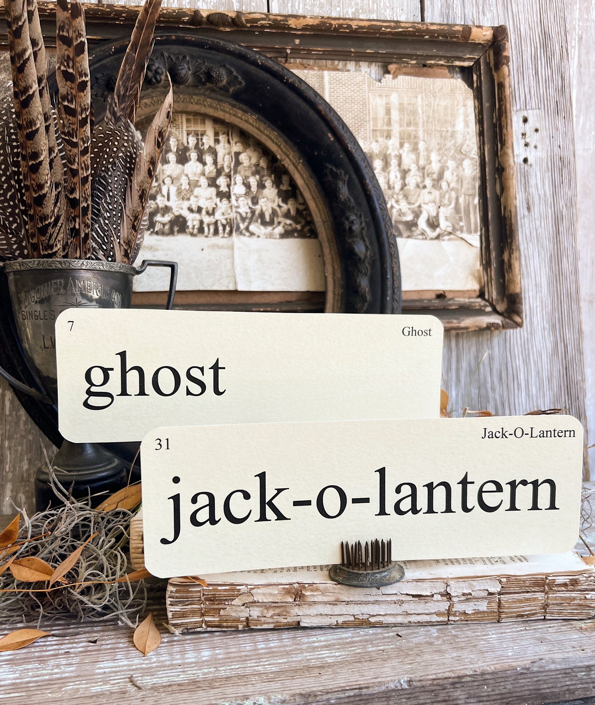 Halloween SCARY THINGS Flash Cards LARGE Vintage Inspired Word Flashcard Set of 8 Farmhouse Decor Bat Ghost Witch Skeleton Jack-o-Lantern