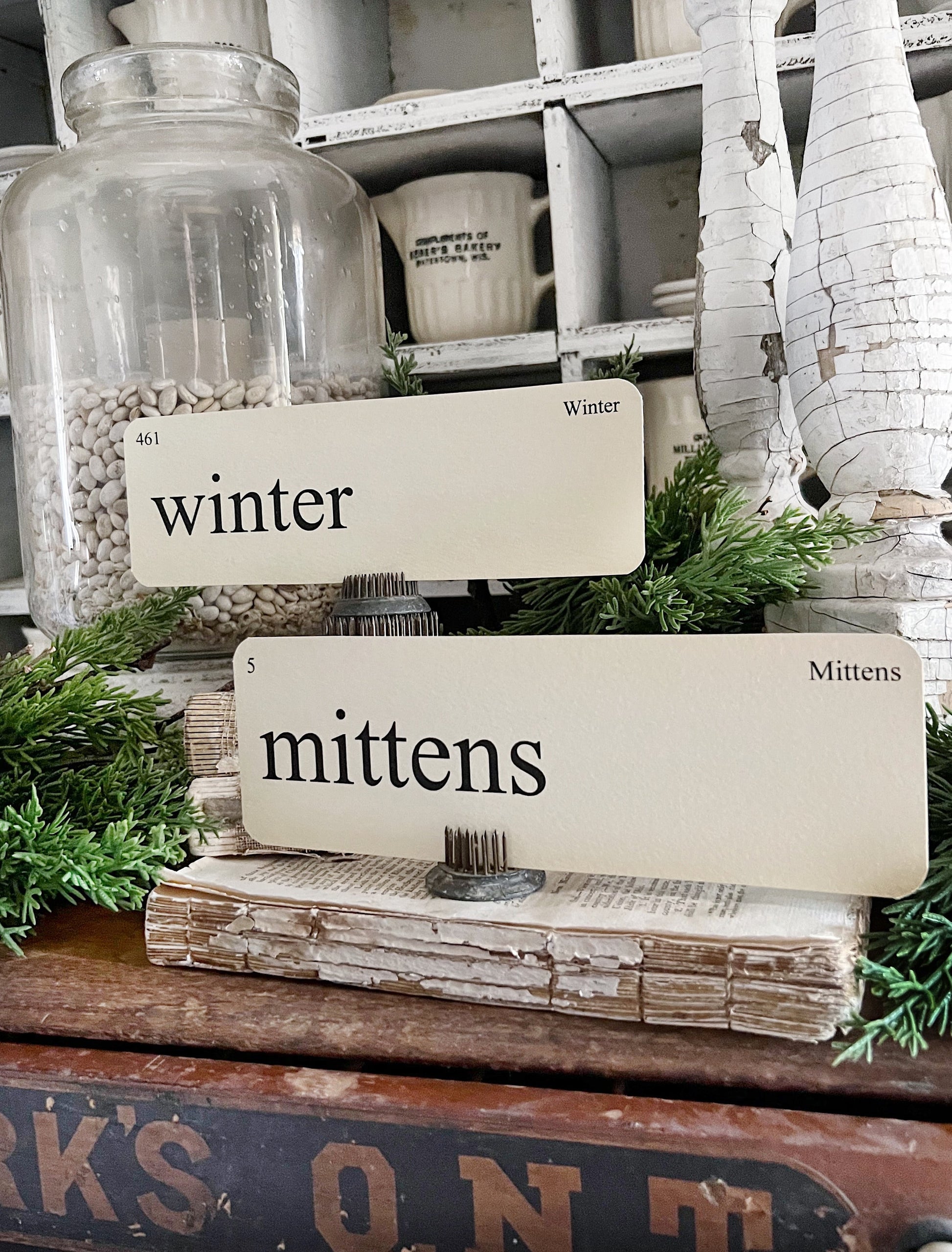 WINTER Flash Cards LARGE Vintage Inspired Word Flashcard SET Of 8 Farmhouse Decor Mittens Cold Icicle Fireplace Hot Chocolate Primitive