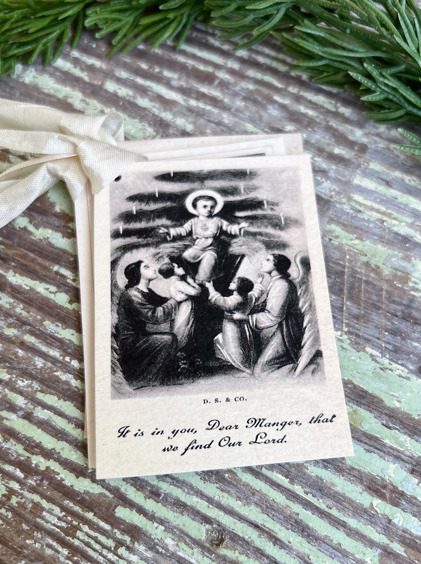 Gift Tags Infant BABY JESUS MANGER with Angels Tree Farmhouse Decor French Prayer Card Religious Christmas Christian Catholic