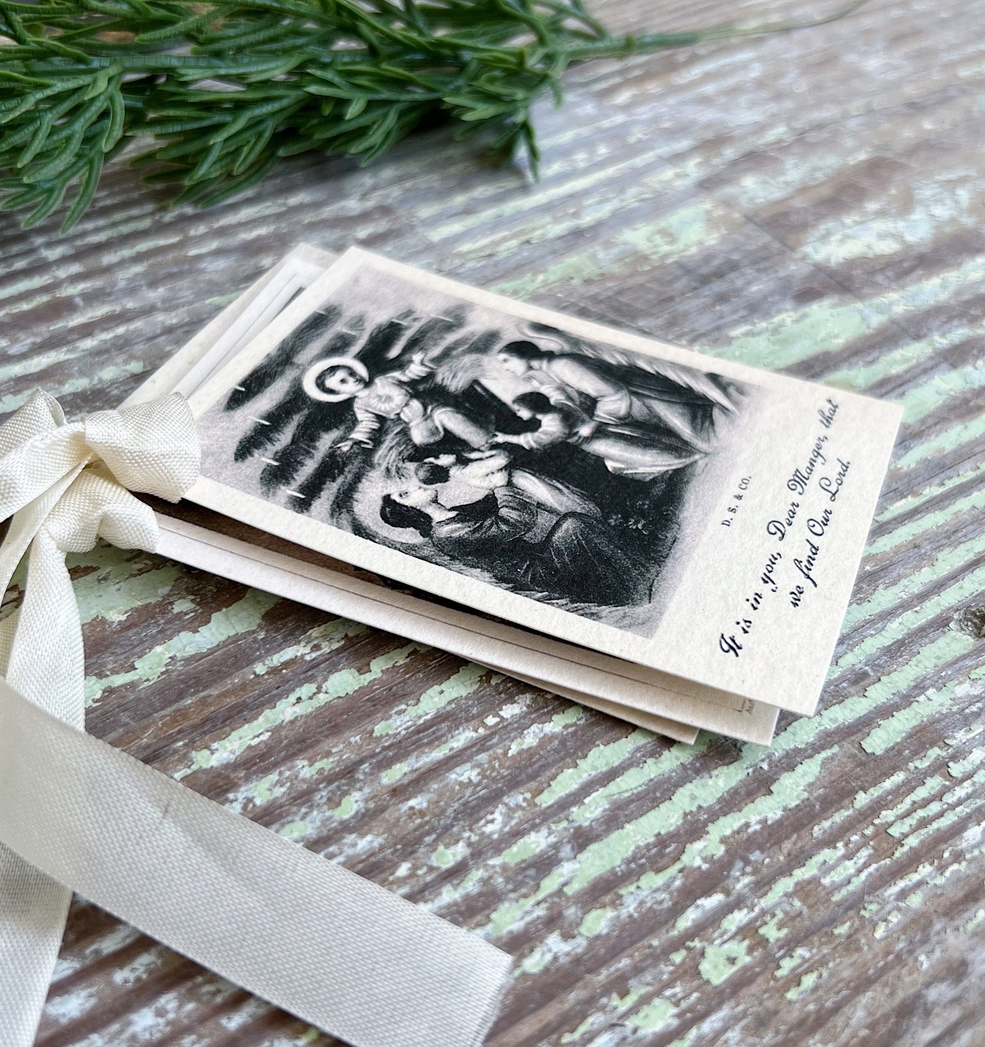 Gift Tags Infant BABY JESUS MANGER with Angels Tree Farmhouse Decor French Prayer Card Religious Christmas Christian Catholic