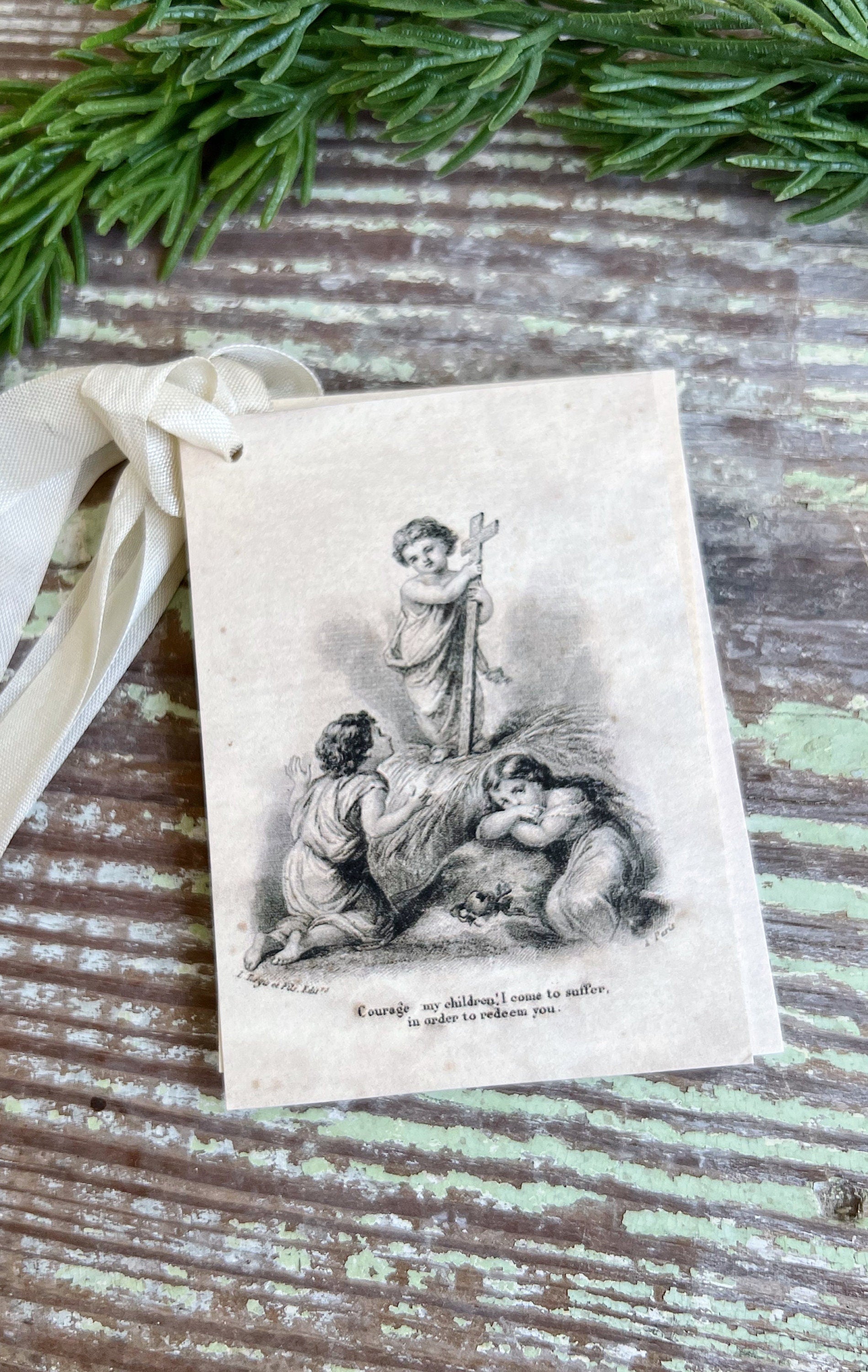 Gift Tags Infant BABY JESUS COURAGE with Angels Farmhouse Decor French Prayer Holy Card Religious Christmas Christian Catholic Easter