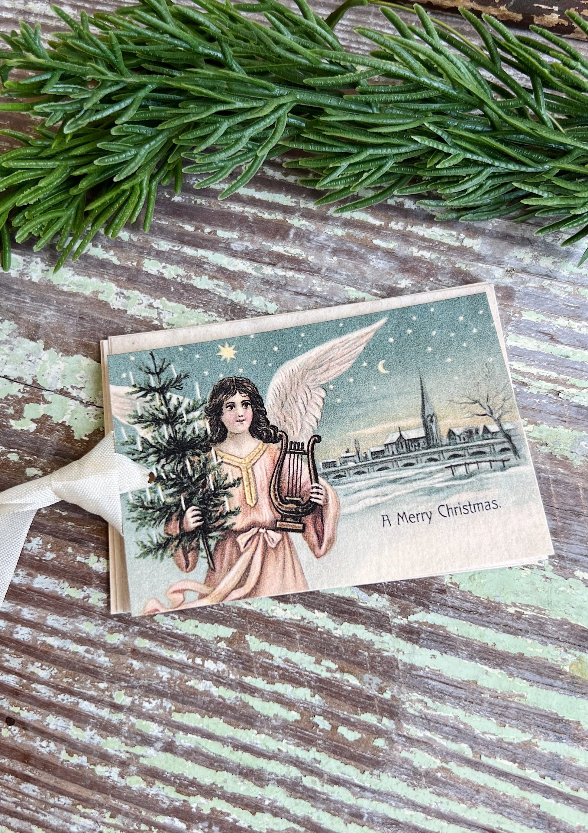 ANGEL with HARP A Merry Christmas Gift Tags Vintage Farmhouse Decor Card French Shabby Gift Wrap Christmas Tree Ornament