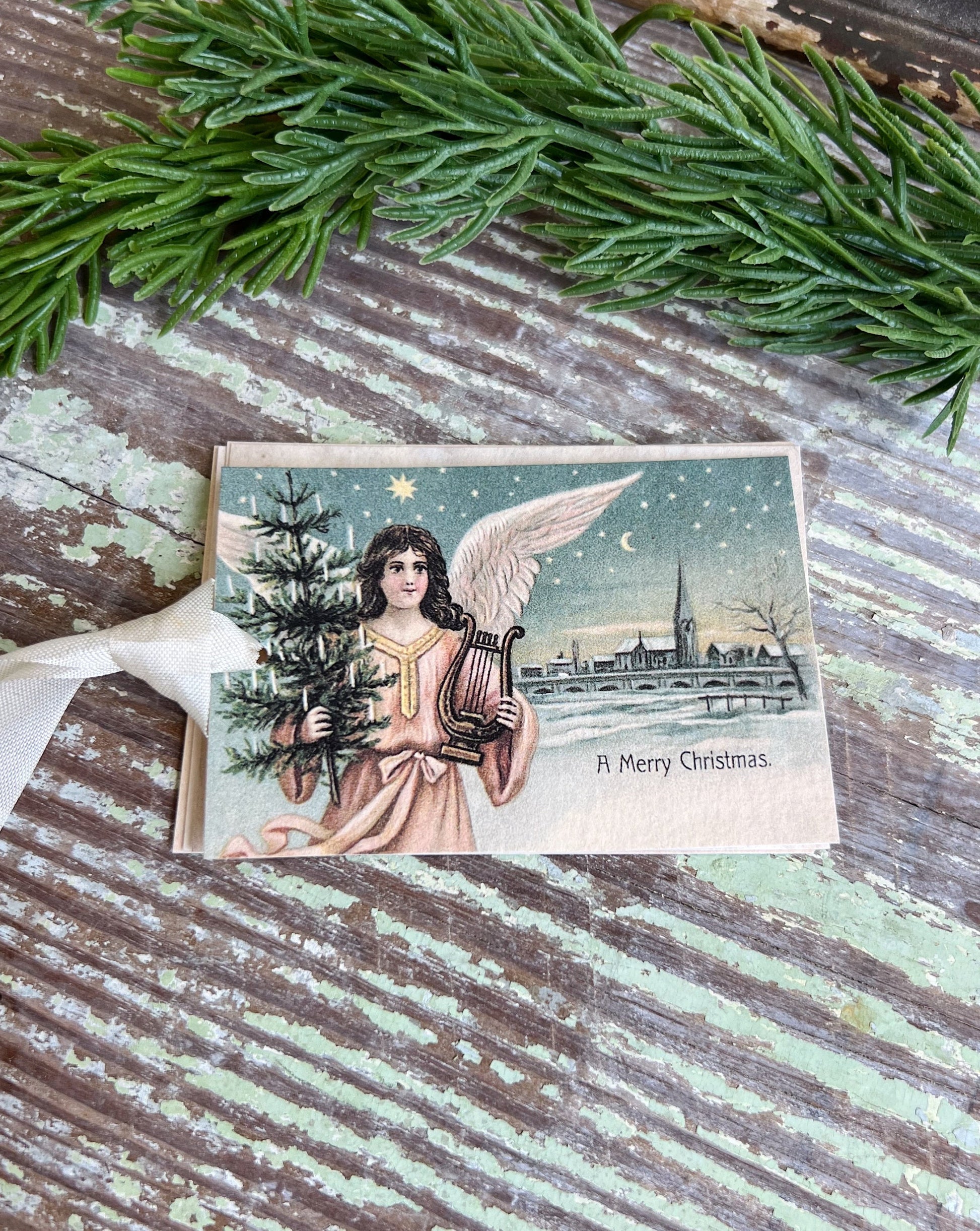 ANGEL with HARP A Merry Christmas Gift Tags Vintage Farmhouse Decor Card French Shabby Gift Wrap Christmas Tree Ornament