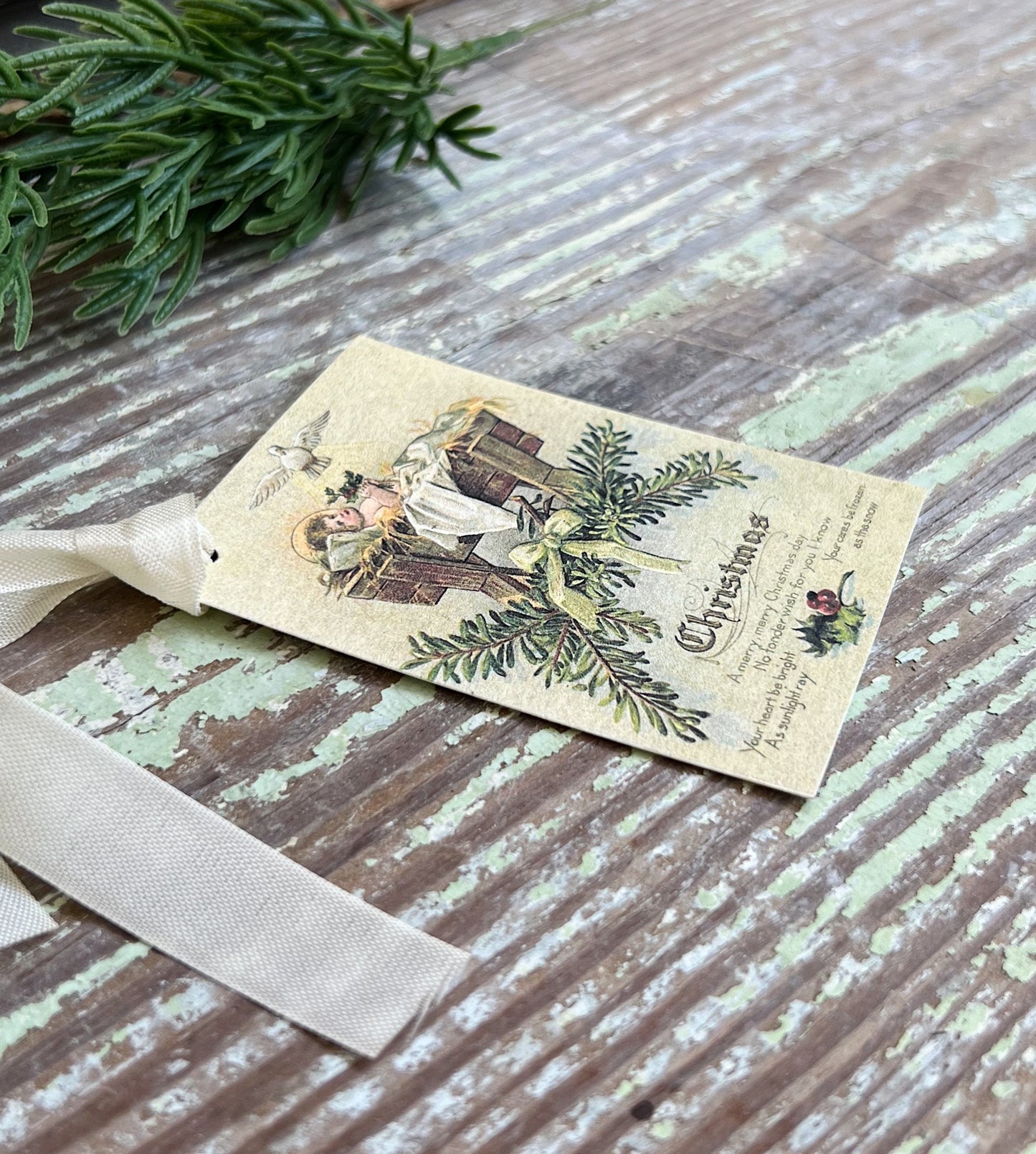 Baby Jesus in Cradle Christmas Gift Tags Vintage Farmhouse Decor Card French Shabby Gift Wrap Christmas Tree Ornament