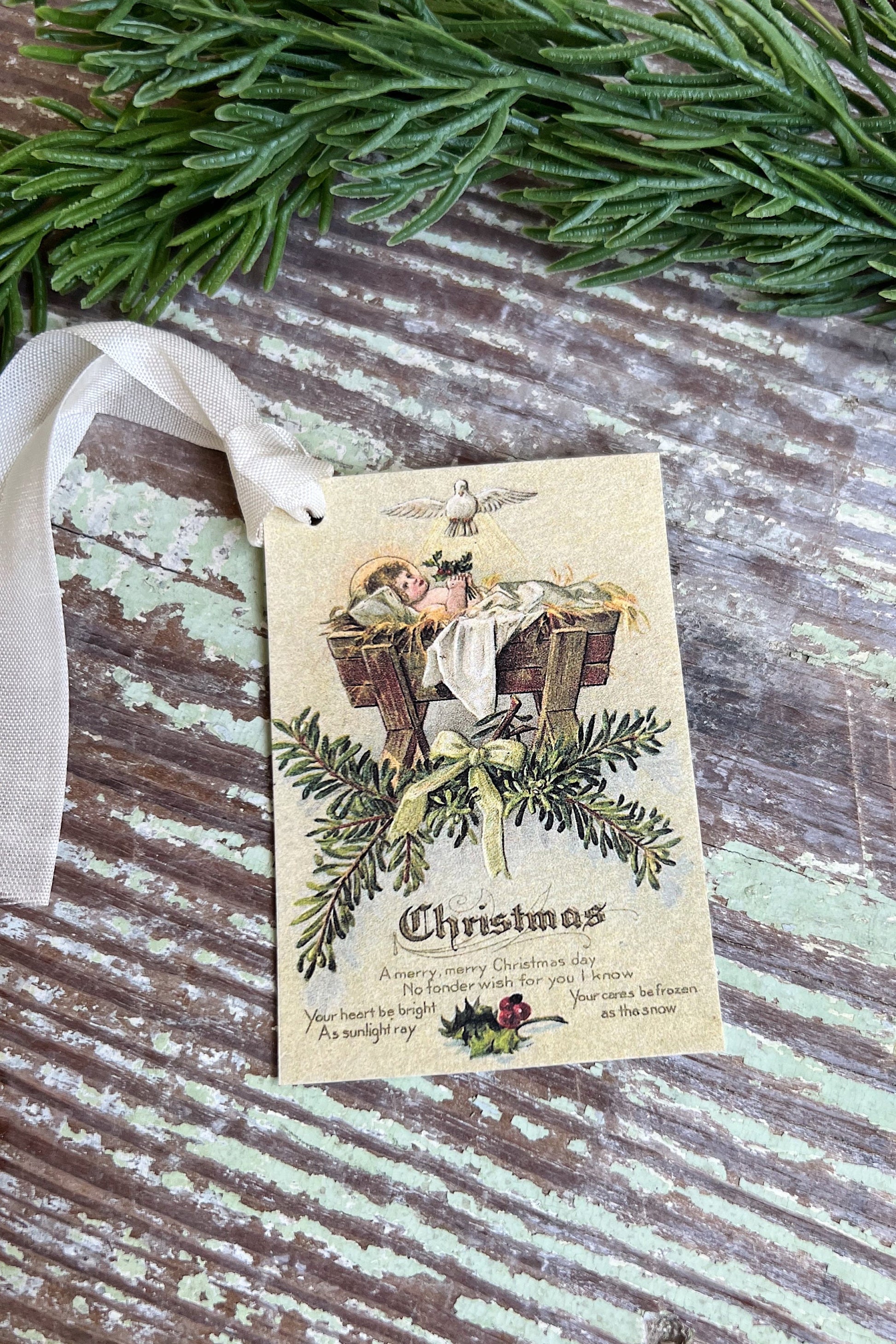 Baby Jesus in Cradle Christmas Gift Tags Vintage Farmhouse Decor Card French Shabby Gift Wrap Christmas Tree Ornament