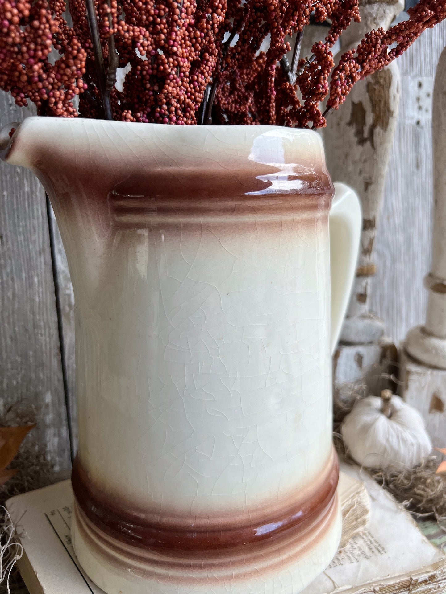 Vintage White Ironstone Pitcher Ironstone Pitcher Milk Jug Farmhouse Decor BROWN