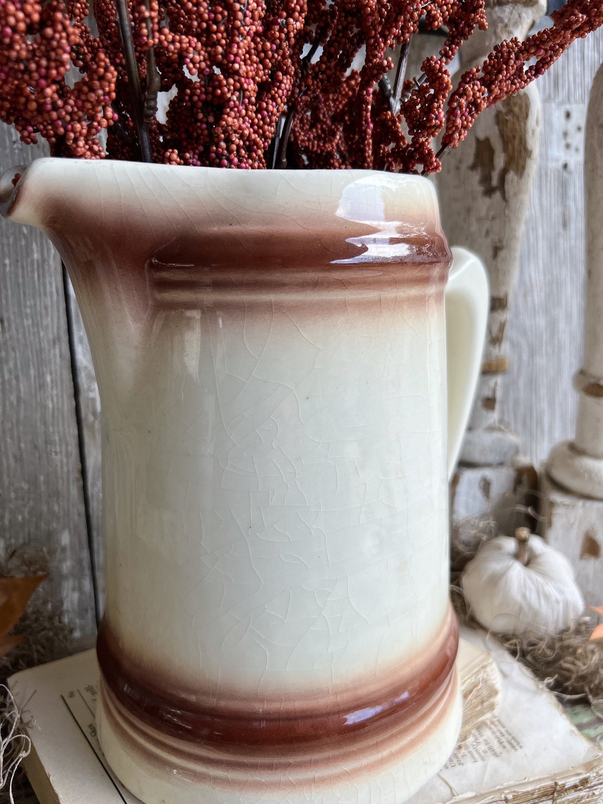 Vintage White Ironstone Pitcher Ironstone Pitcher Milk Jug Farmhouse Decor BROWN