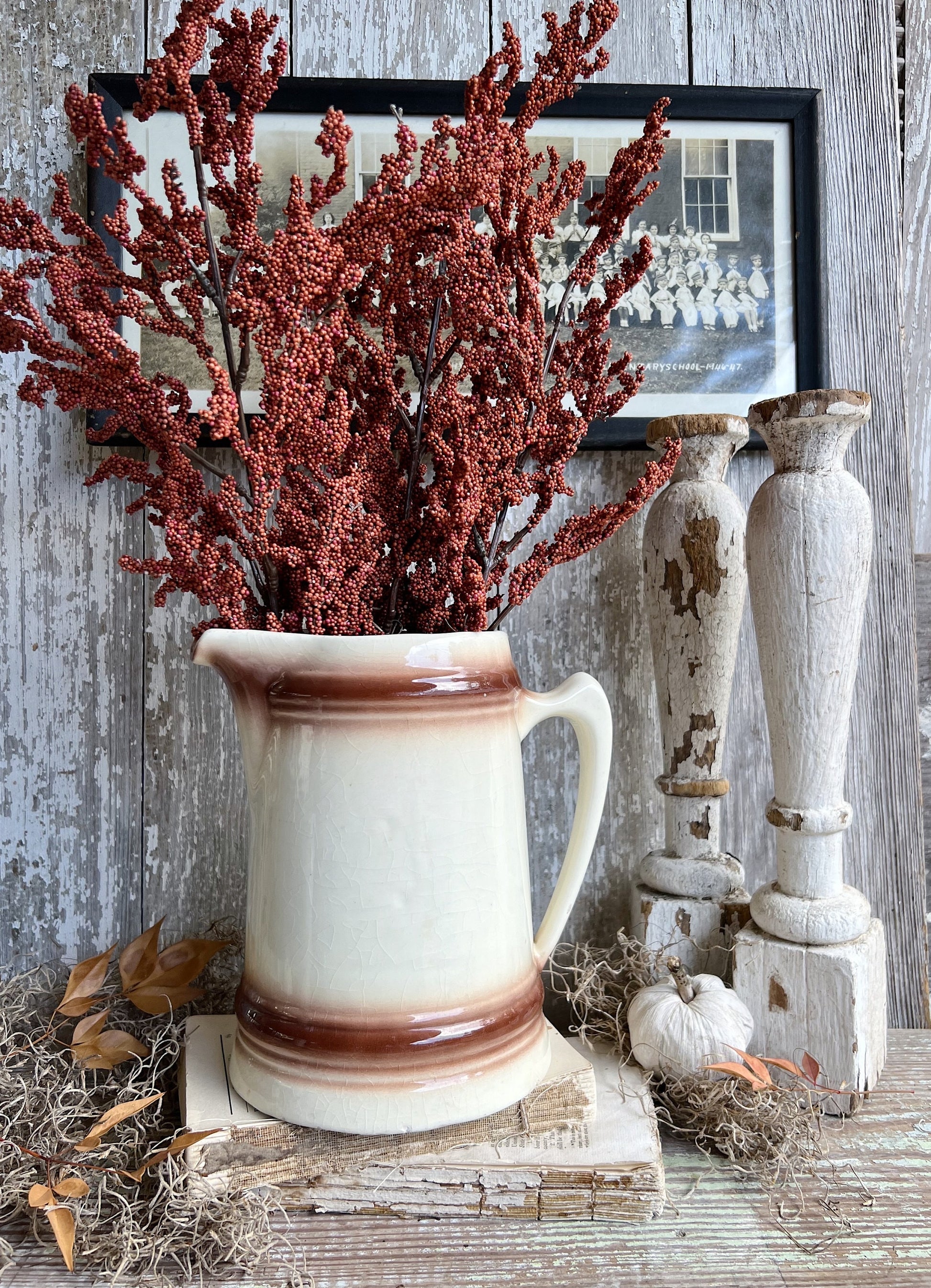 Vintage White Ironstone Pitcher Ironstone Pitcher Milk Jug Farmhouse Decor BROWN