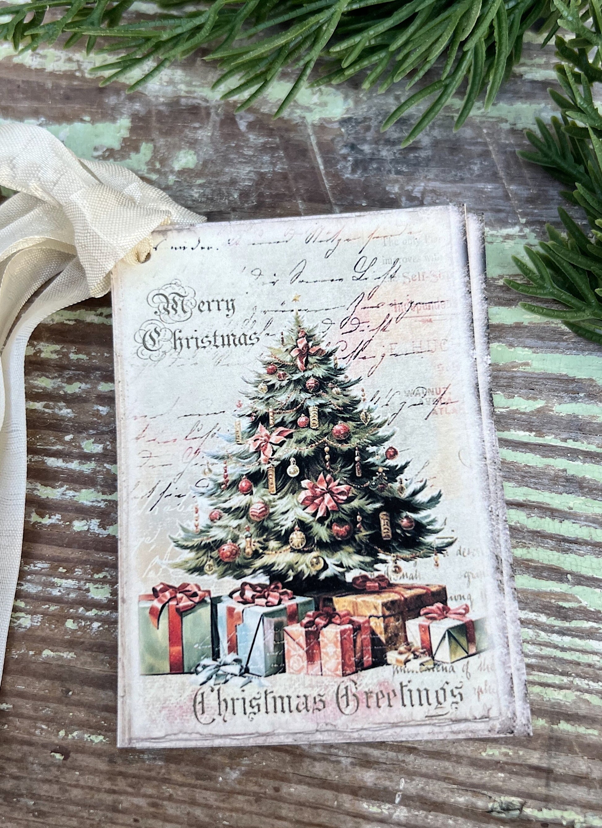 Christmas Vintage Gift Tags TREE CHRISTMAS GREETINGS Farmhouse Christmas Decor Card French Shabby Gift Wrap