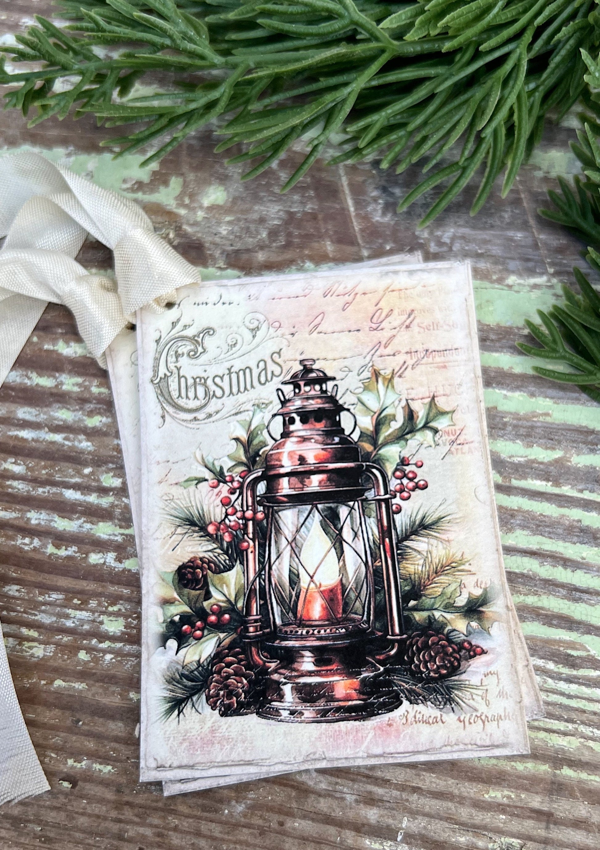 Christmas Vintage Gift Tags LANTERN Farmhouse Christmas Decor Card French Shabby Gift Wrap