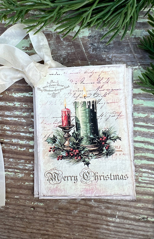 Christmas Vintage Gift Tags CANDLE MERRY CHRISTMAS Farmhouse Christmas Decor Card French Shabby Gift Wrap