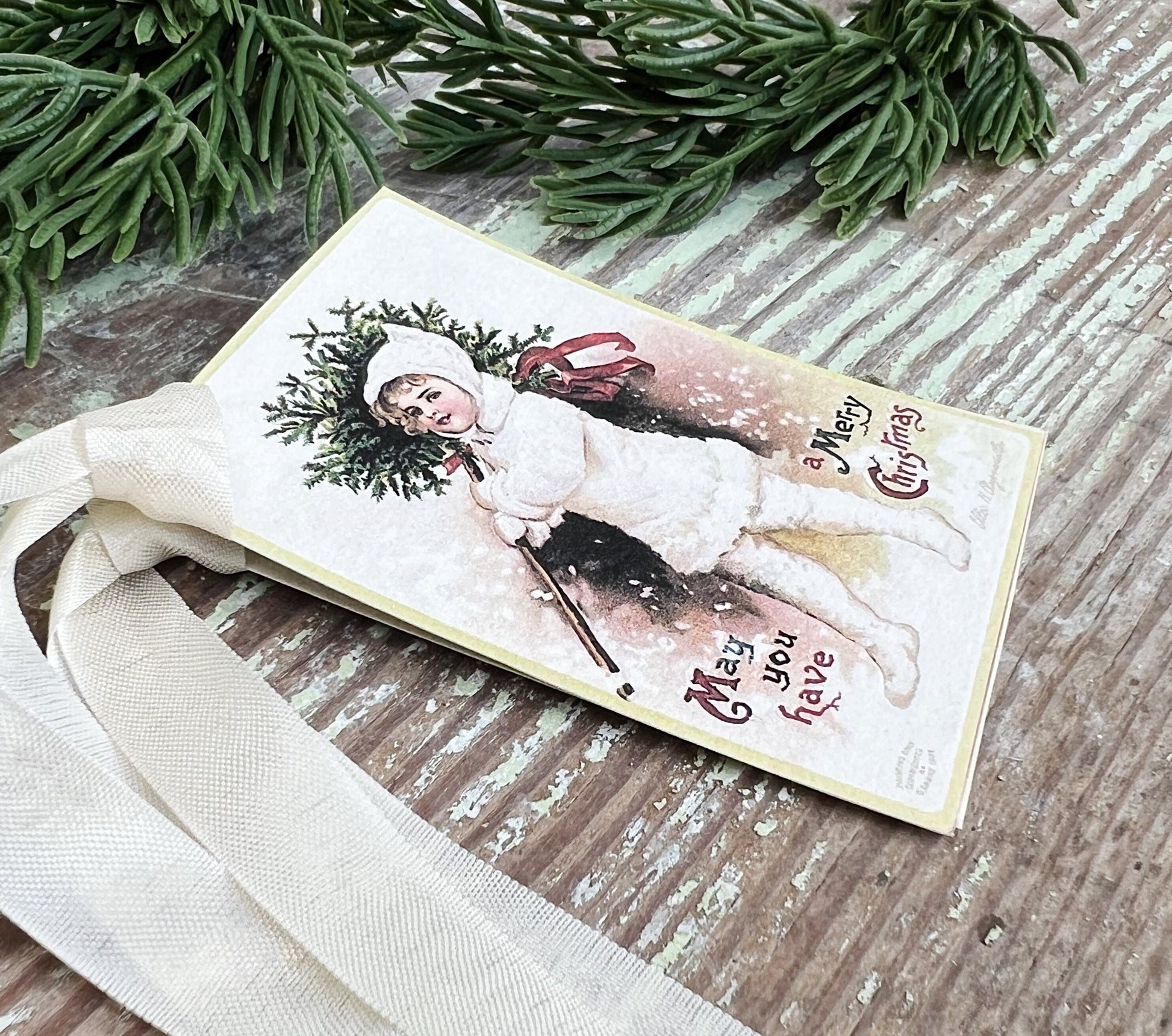 Christmas Vintage Gift Tags CHERUB with TREE Farmhouse Christmas Decor Card French Shabby Gift Wrap