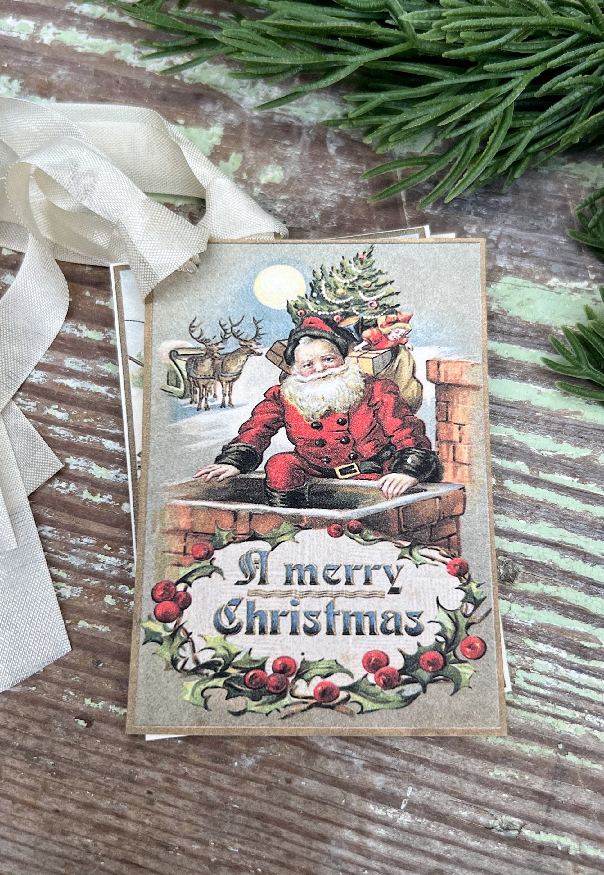 Christmas Vintage Gift Tags SANTA CHIMNEY Farmhouse Christmas Decor Card French Shabby Gift Wrap