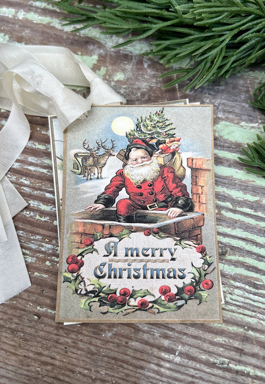 Christmas Vintage Gift Tags SANTA CHIMNEY Farmhouse Christmas Decor Card French Shabby Gift Wrap
