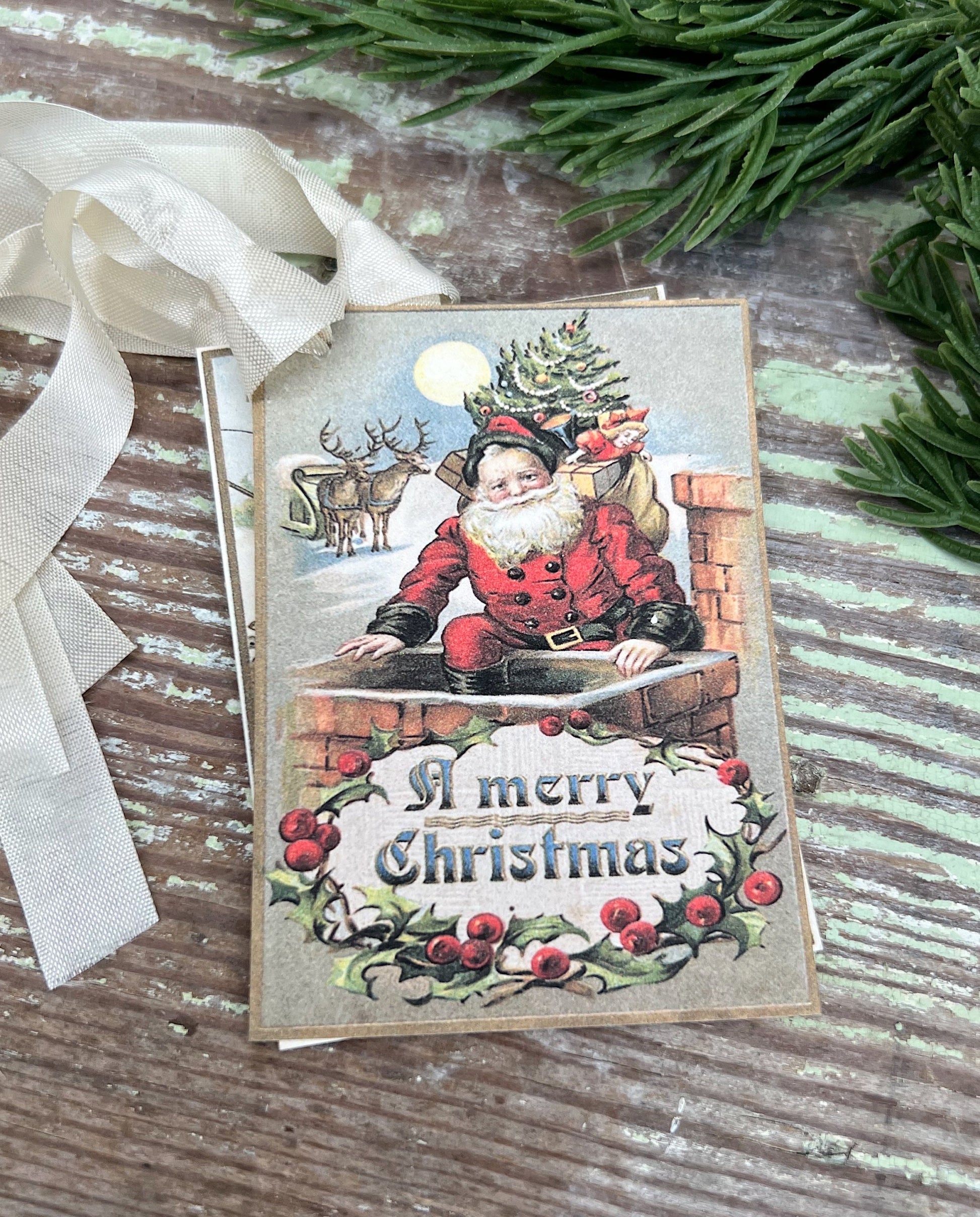 Christmas Vintage Gift Tags SANTA CHIMNEY Farmhouse Christmas Decor Card French Shabby Gift Wrap