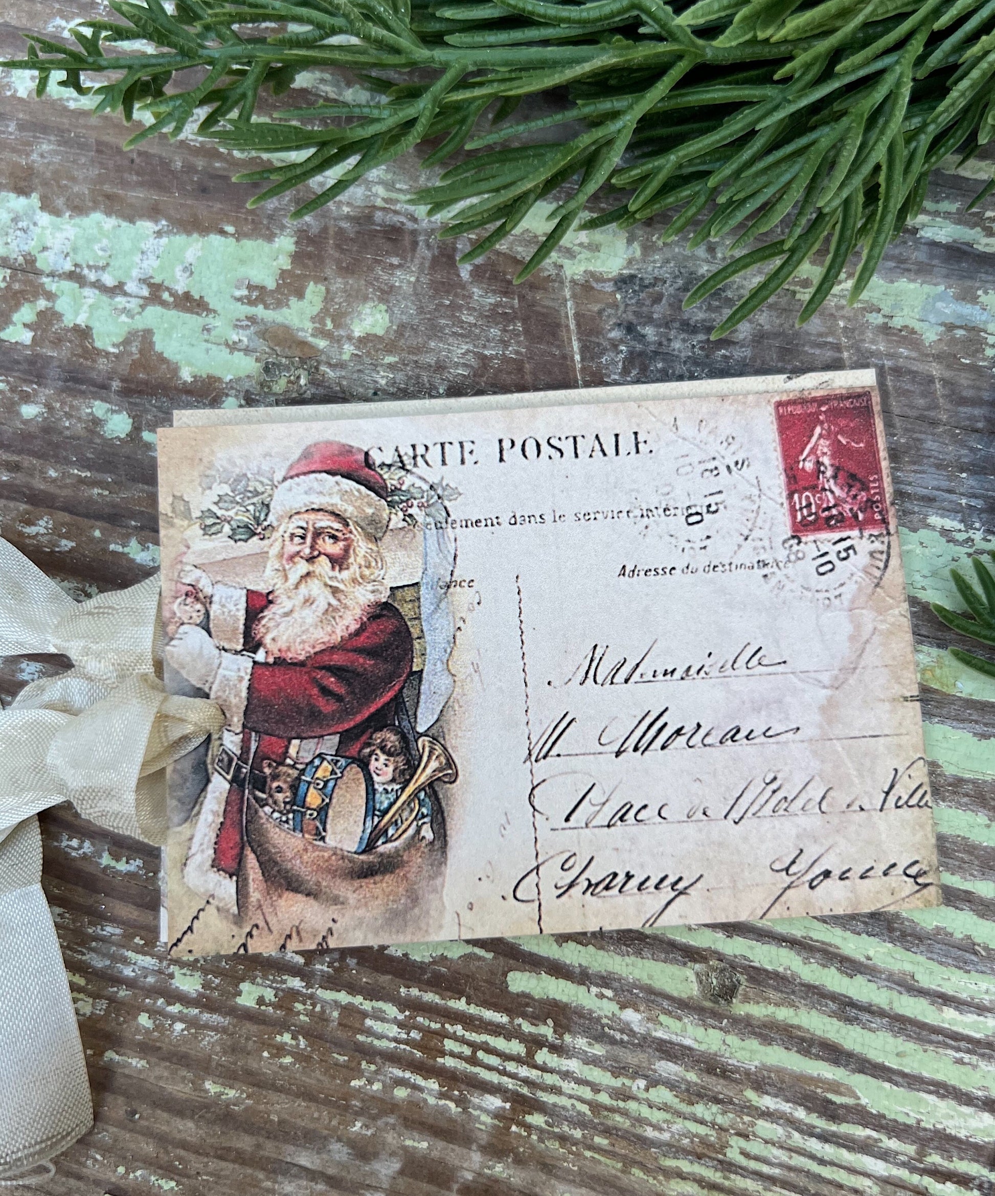 Christmas Vintage Gift Tags Santa POST CARD CHIMNEY Farmhouse Christmas Decor Card French Shabby Gift Wrap