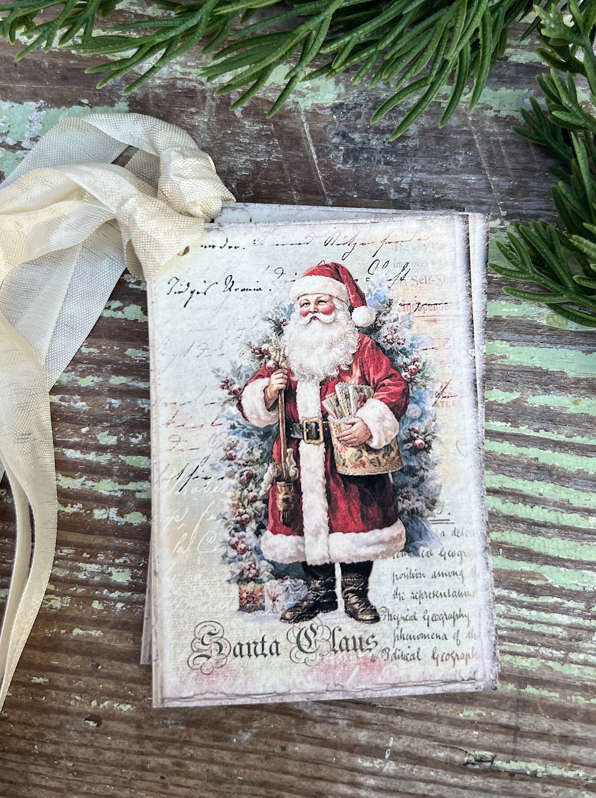 Christmas Vintage Gift Tags SANTA CLAUS Farmhouse Christmas Decor Card French Shabby Gift Wrap