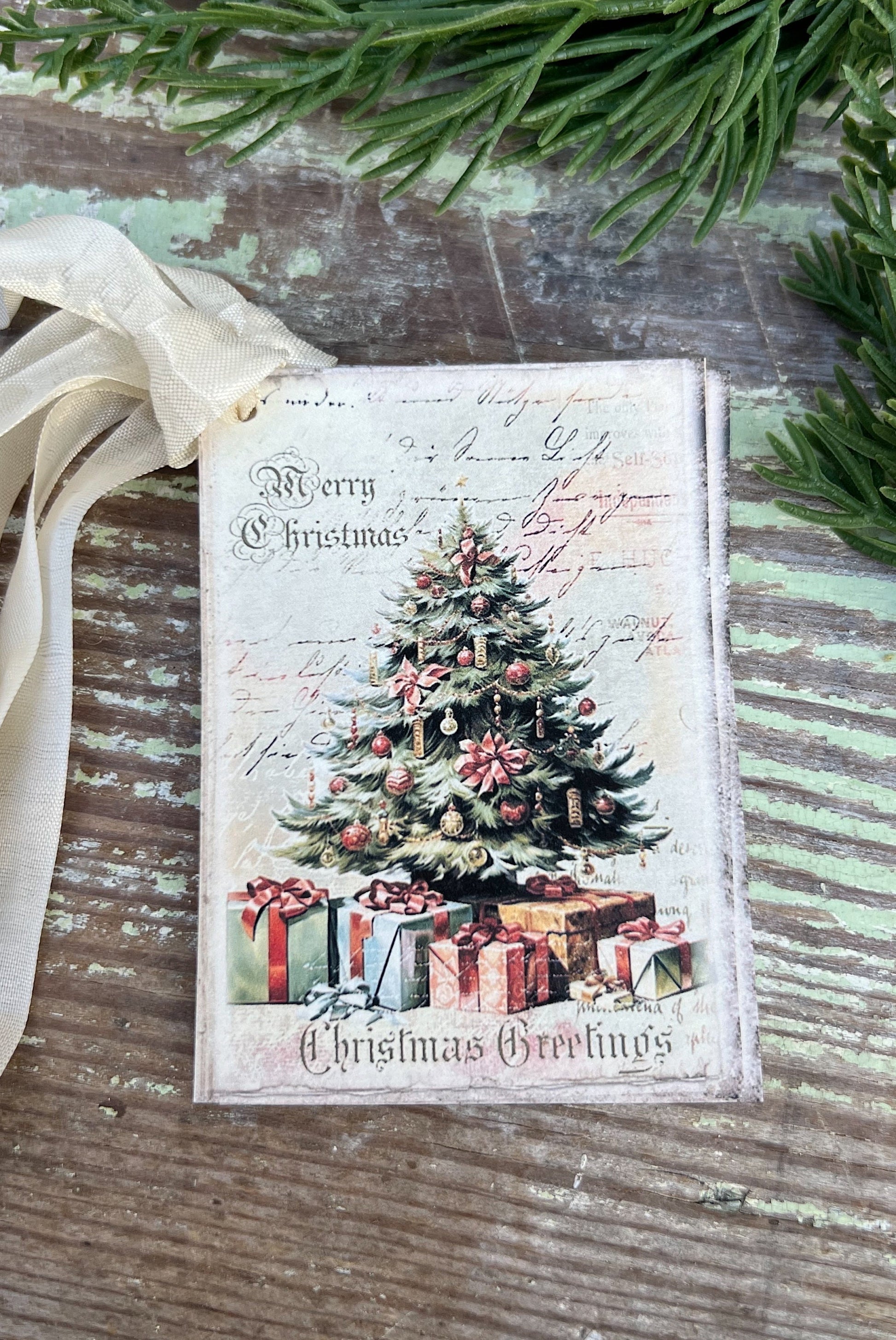 Christmas Vintage Gift Tags TREE CHRISTMAS GREETINGS Farmhouse Christmas Decor Card French Shabby Gift Wrap