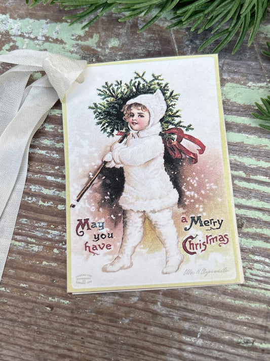 Christmas Vintage Gift Tags CHERUB with TREE Farmhouse Christmas Decor Card French Shabby Gift Wrap